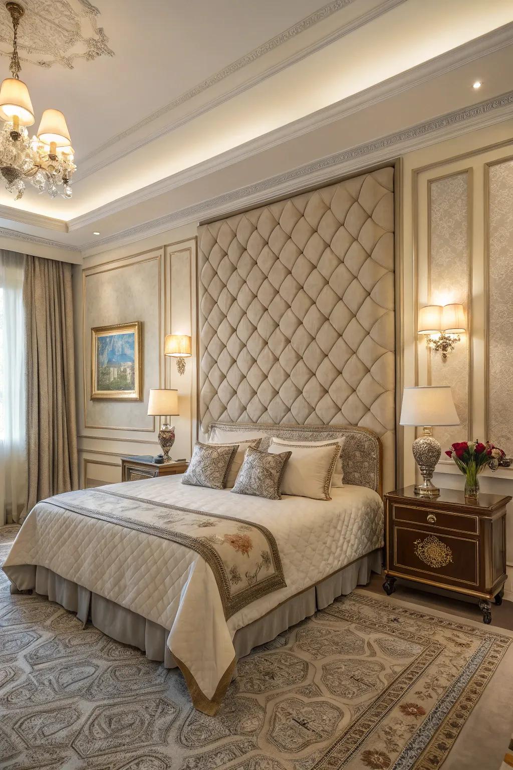 Textured panels deepen the room and add a sense of luxury to any bedroom.