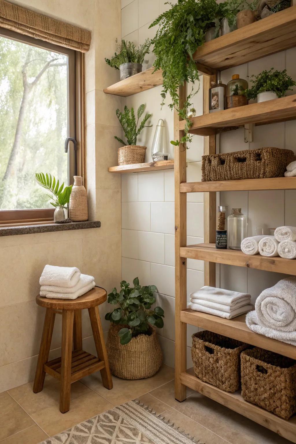 Timber details breathe warmth into a modern beige bathroom.
