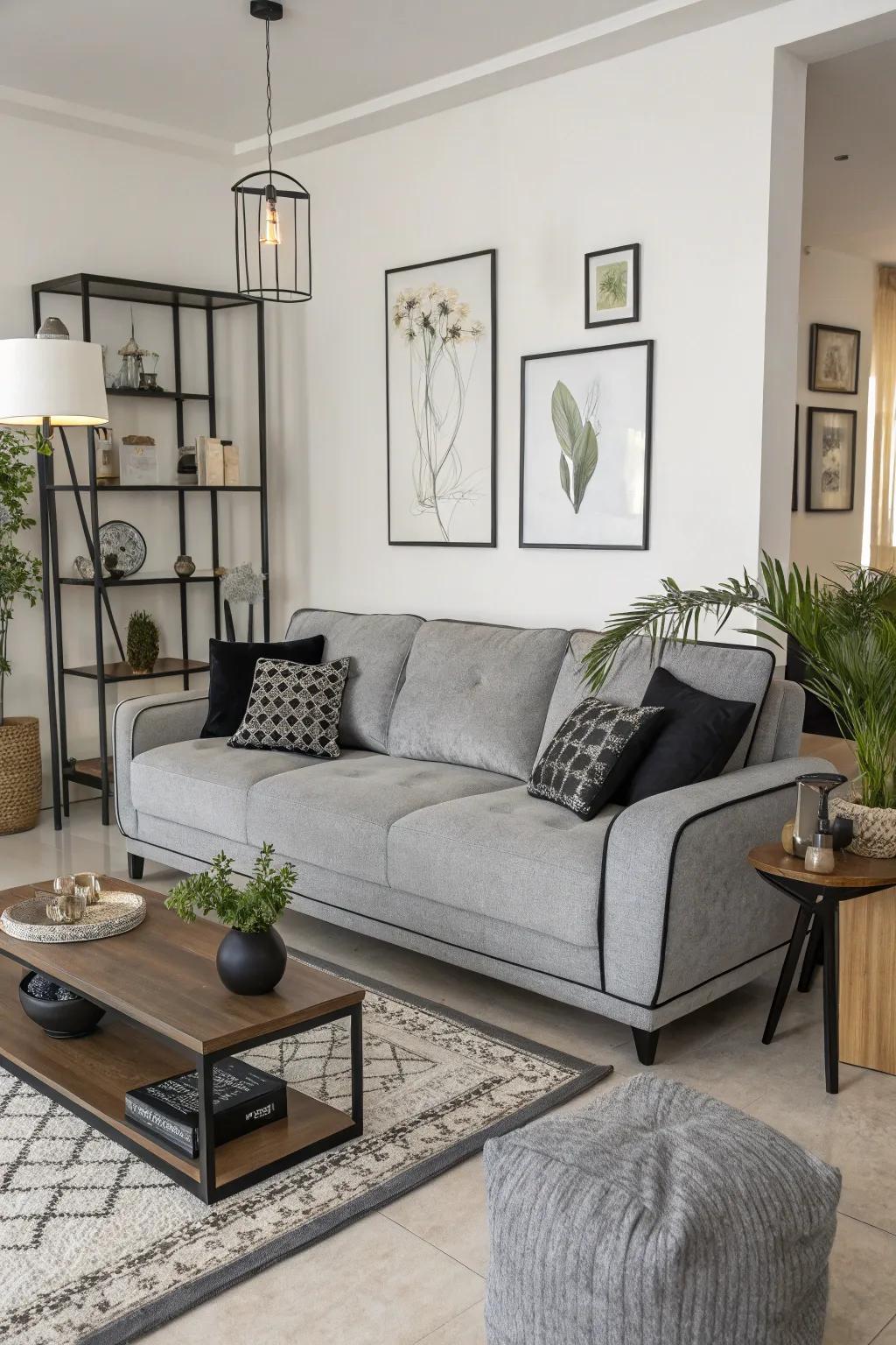 An ash couch with dark details serves as a refined centerpiece.