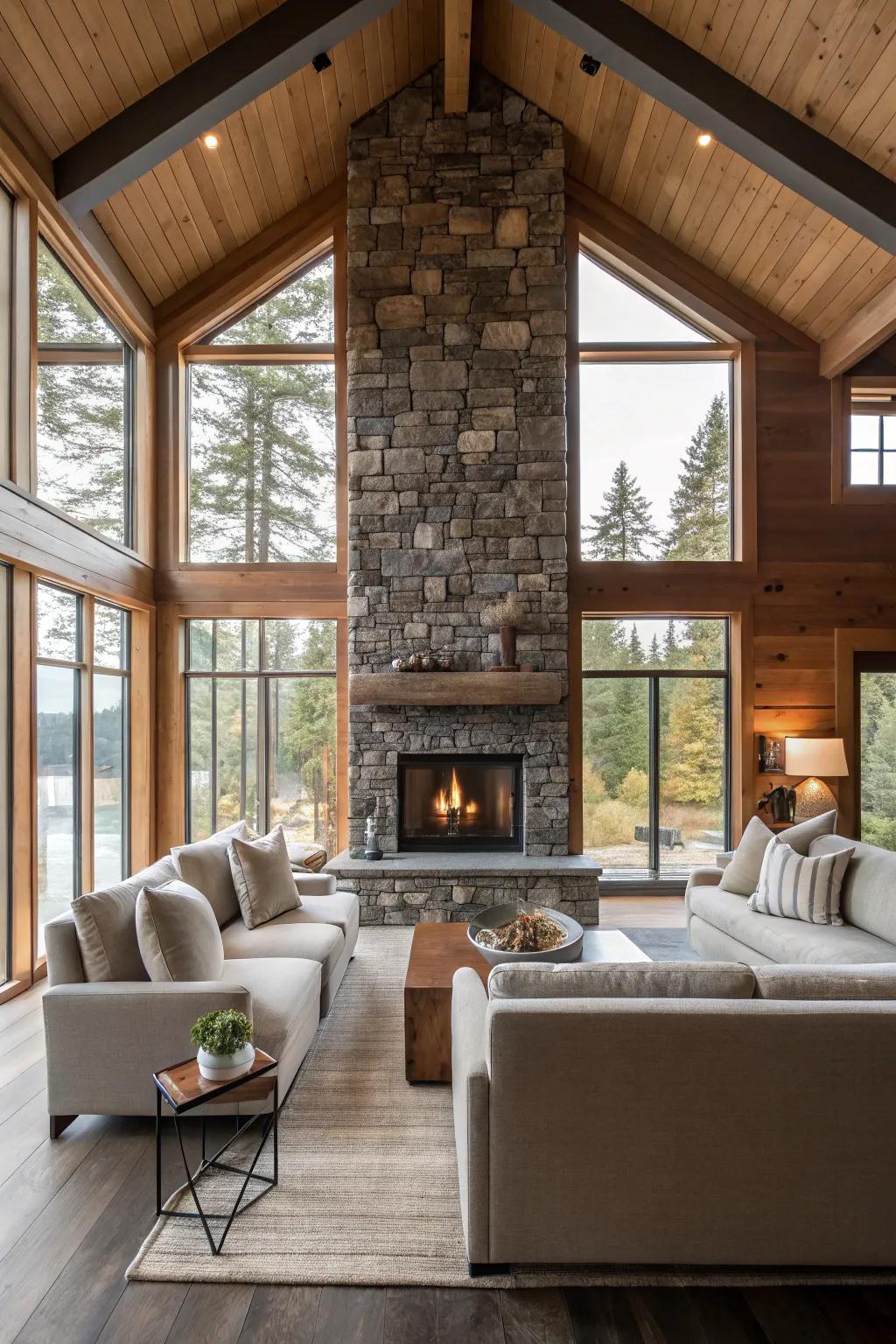 A stone fireplace mixes rustic warmth with contemporary style.