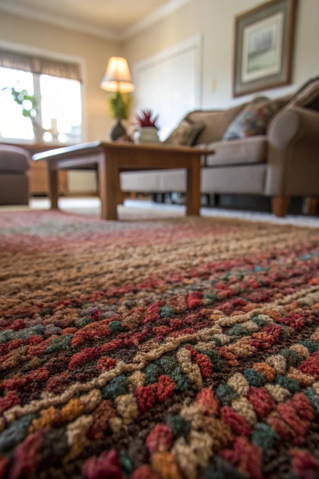 Close-up showcasing a textured carpet bringing warmth to a cozy lounge
