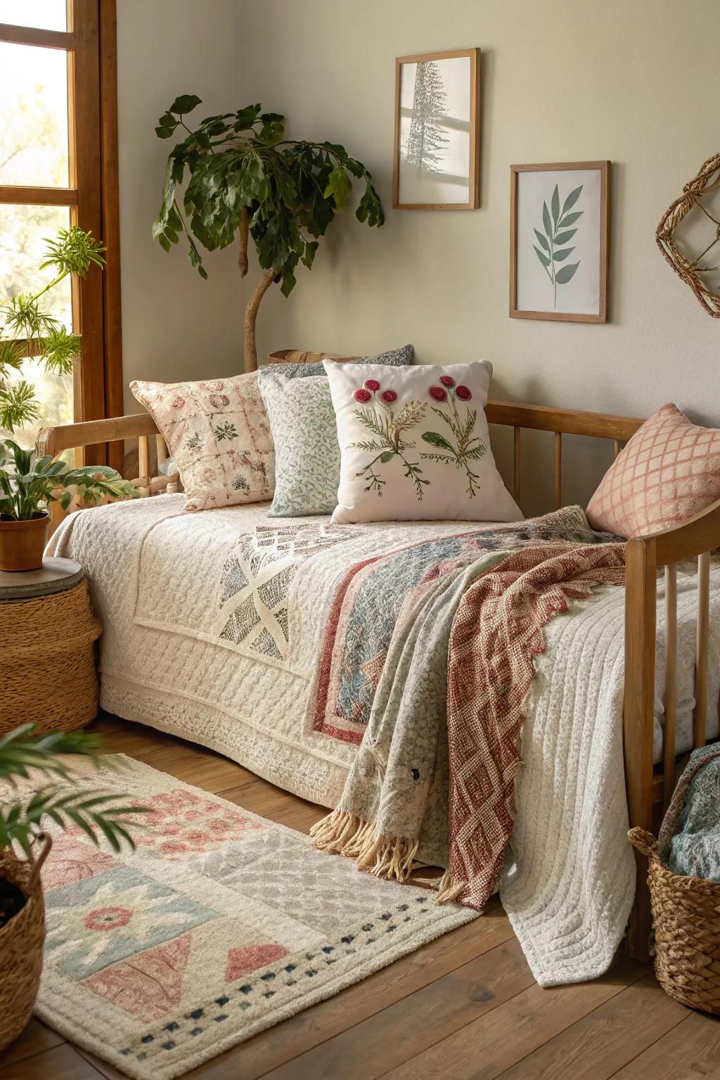 Varied textures on a daybed establish a welcoming and cozy atmosphere.