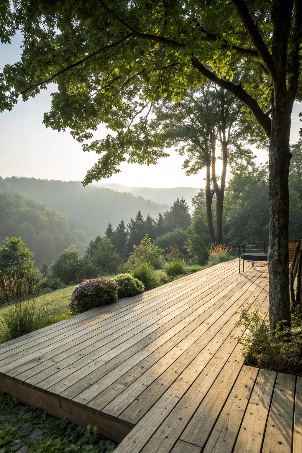 A deck design that celebrates natural materials for an inviting, warm ambiance.
