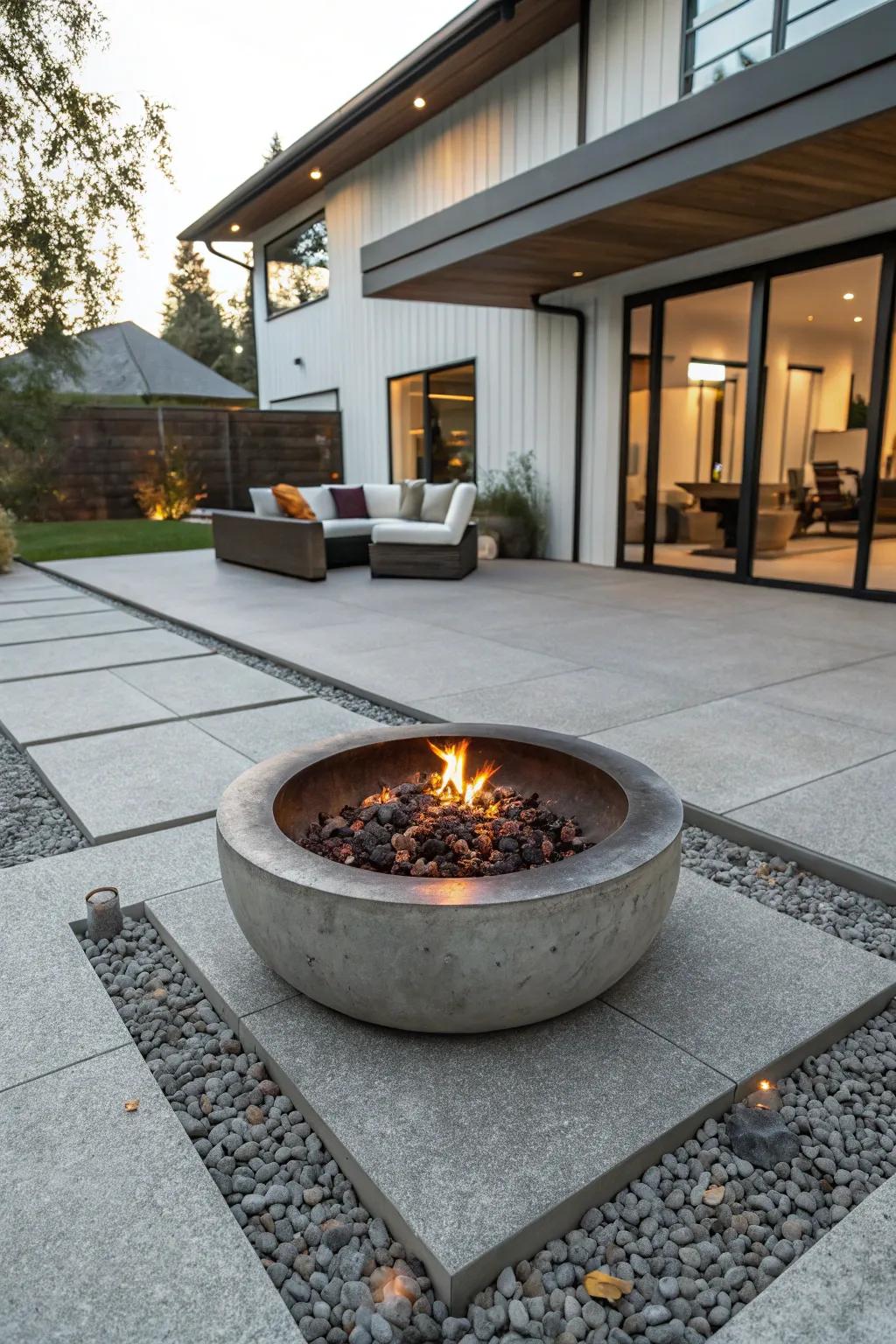 A contemporary patio featuring a central fire pit for cozy gatherings.