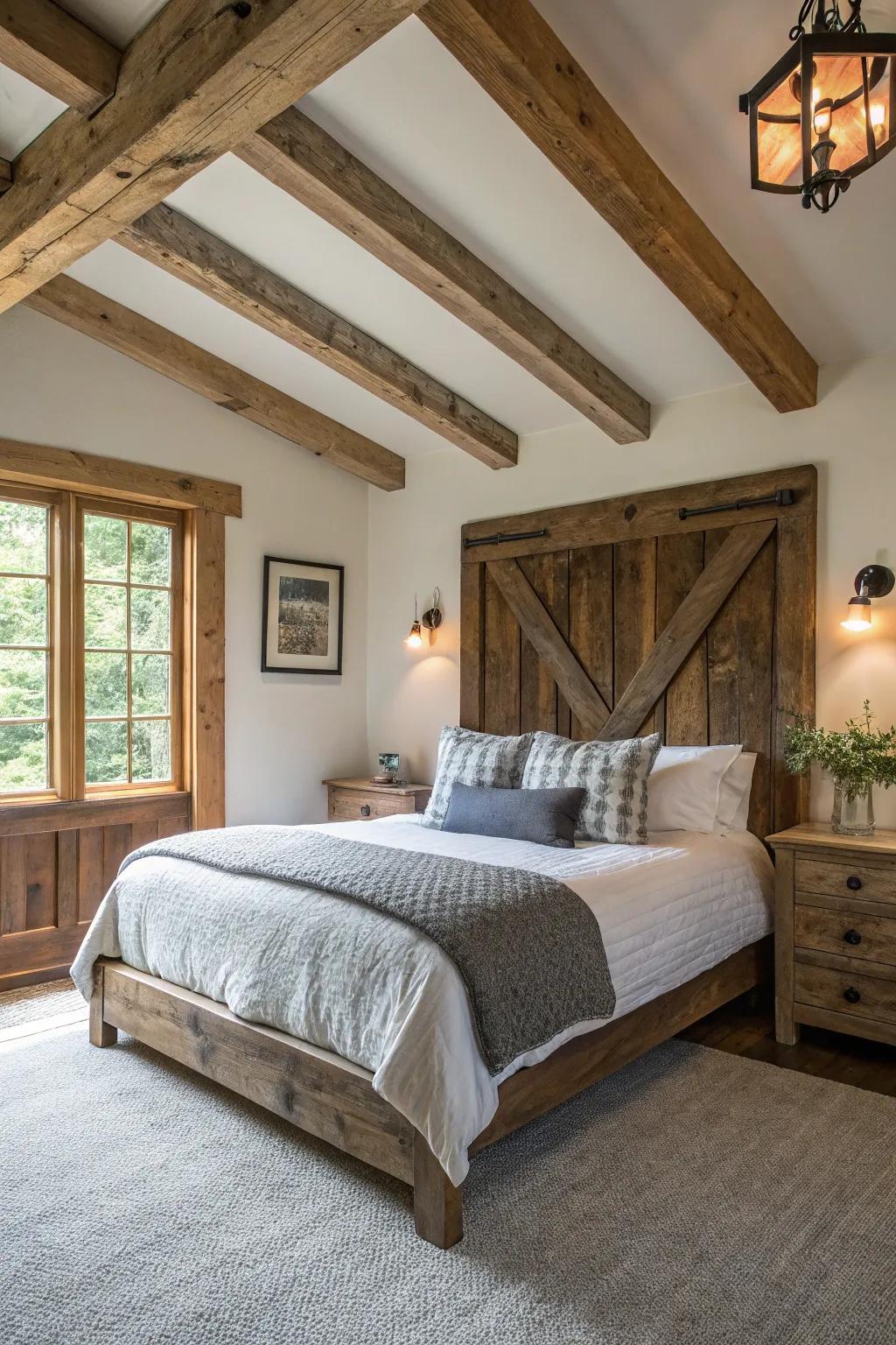 Rustic wooden elements enhance the farmhouse charm of this guest bedroom.