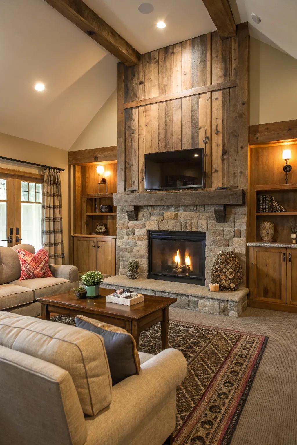 Repurposed wood panels deliver a comforting and countryside allure.