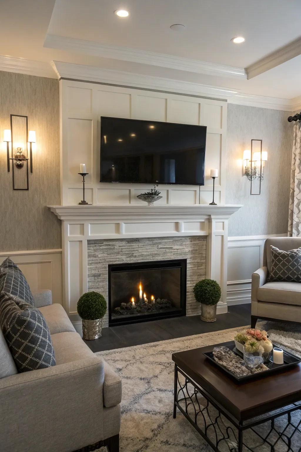 Elegant matching fixtures introducing symmetry to a fireplace and TV layout.