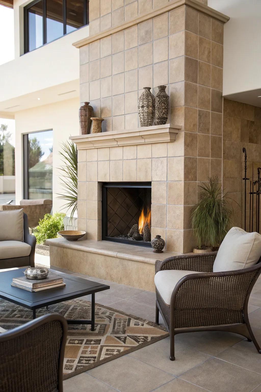 Contemporary setting featuring a fireplace adorned with soft tone tiles.