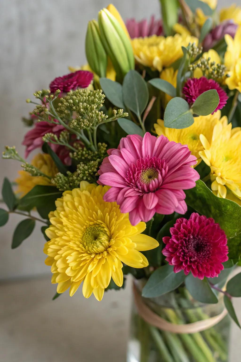 A vibrant flower arrangement showcasing daring color contrasts.