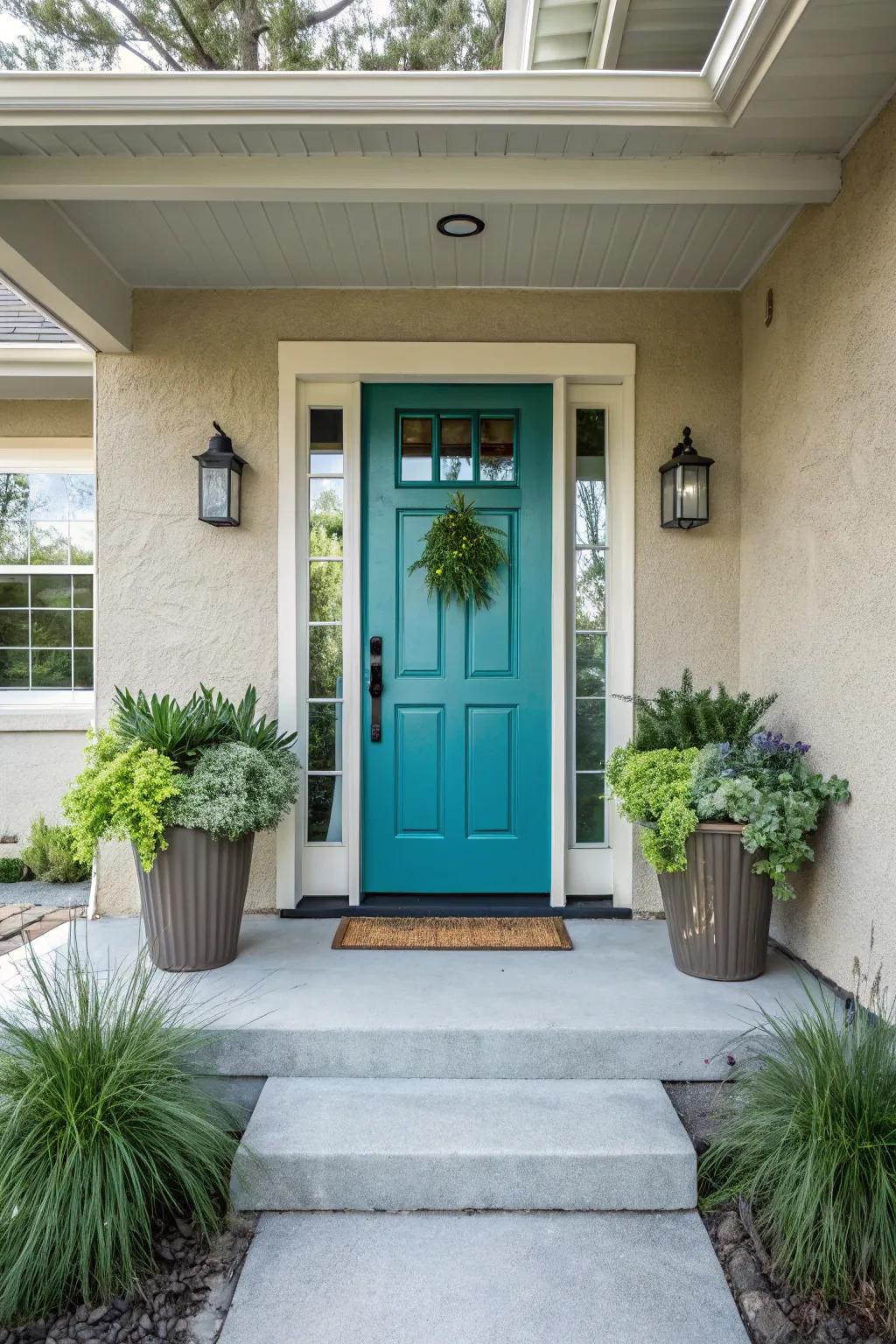 A vibrant front door gives a modern porch setting a splash of color.