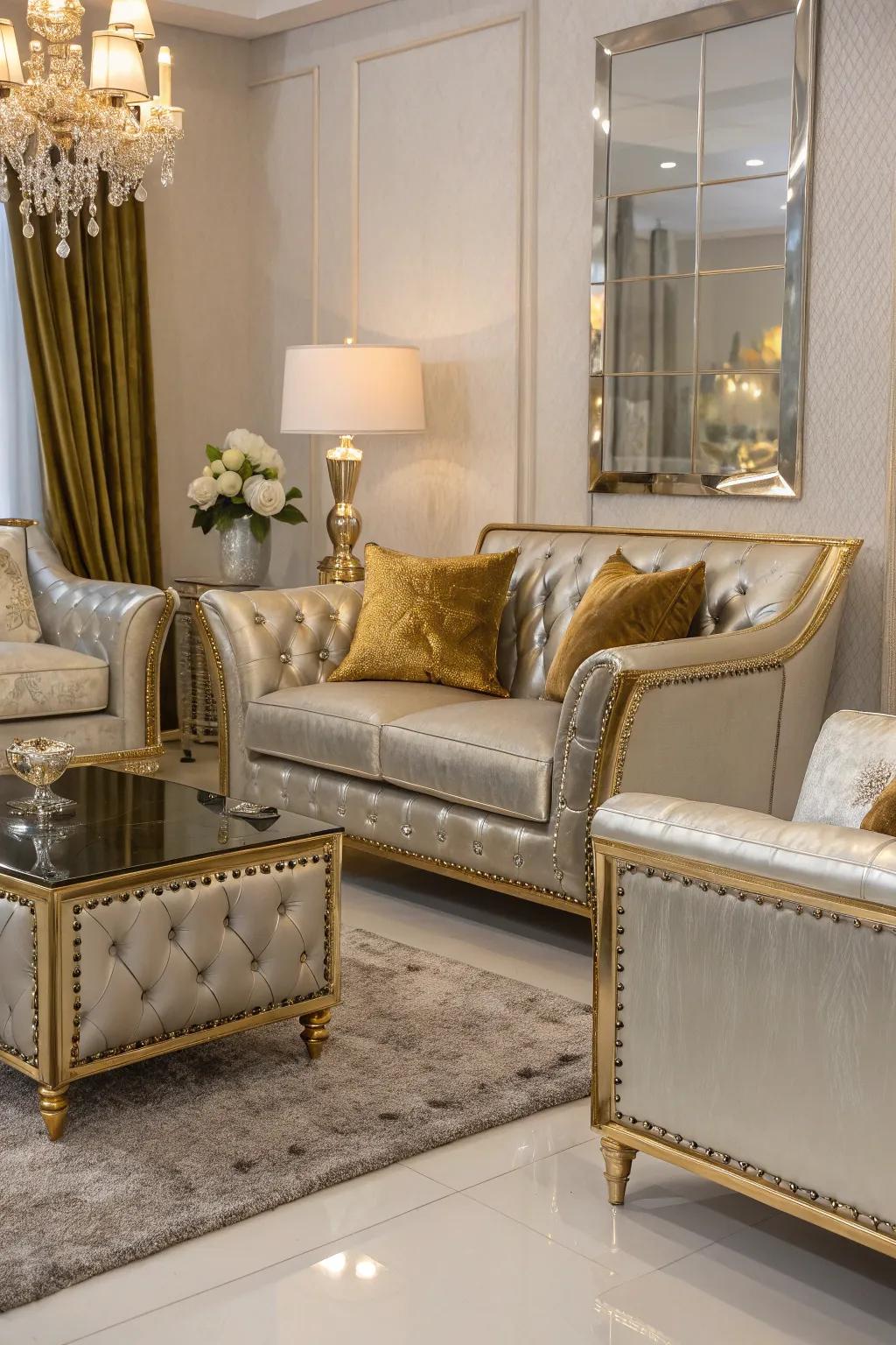 Metallic-infused upholstery gives an element of high-end glamour to this contemporary living space.