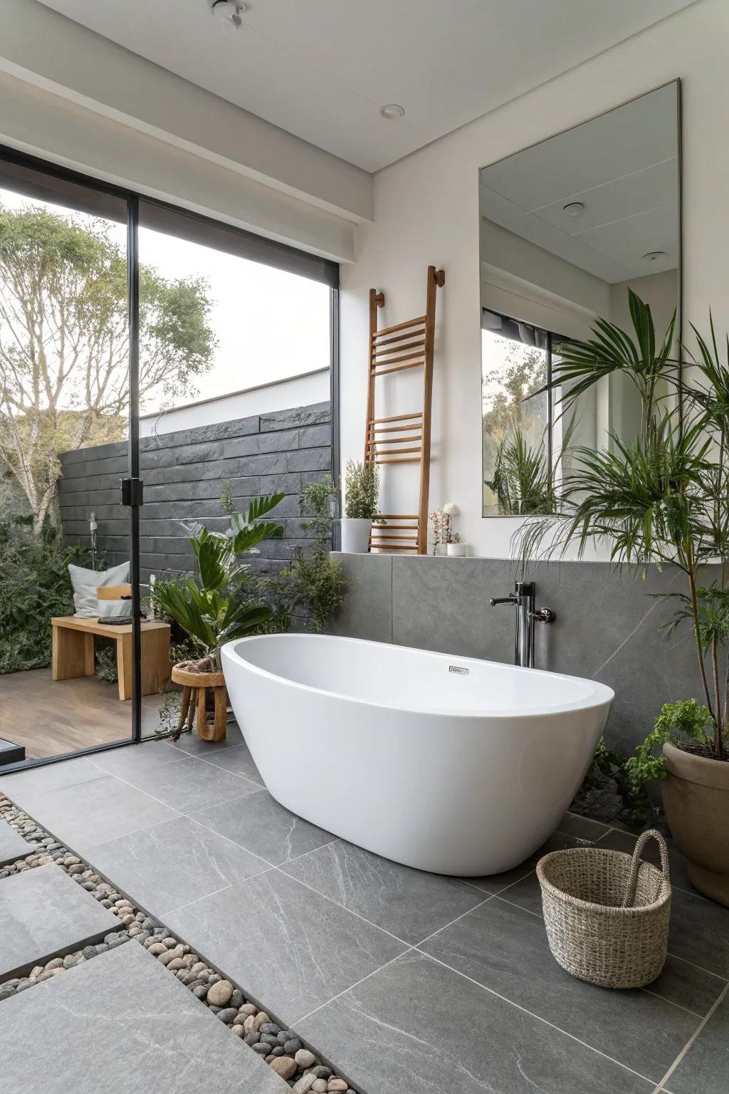 A standalone soaking tub enhances the design, becoming the focal point in the bathroom.