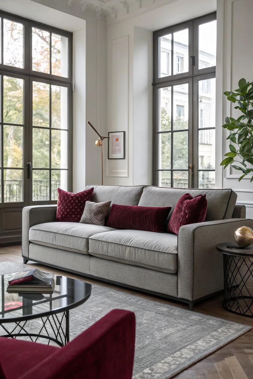 Contemporary neutral toned couch adorned with carmine cushions in a stylish living area.