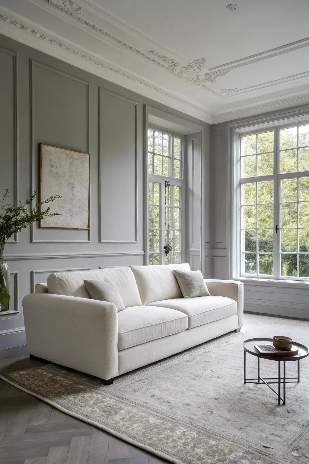 Sleek white furniture brightens the living room.