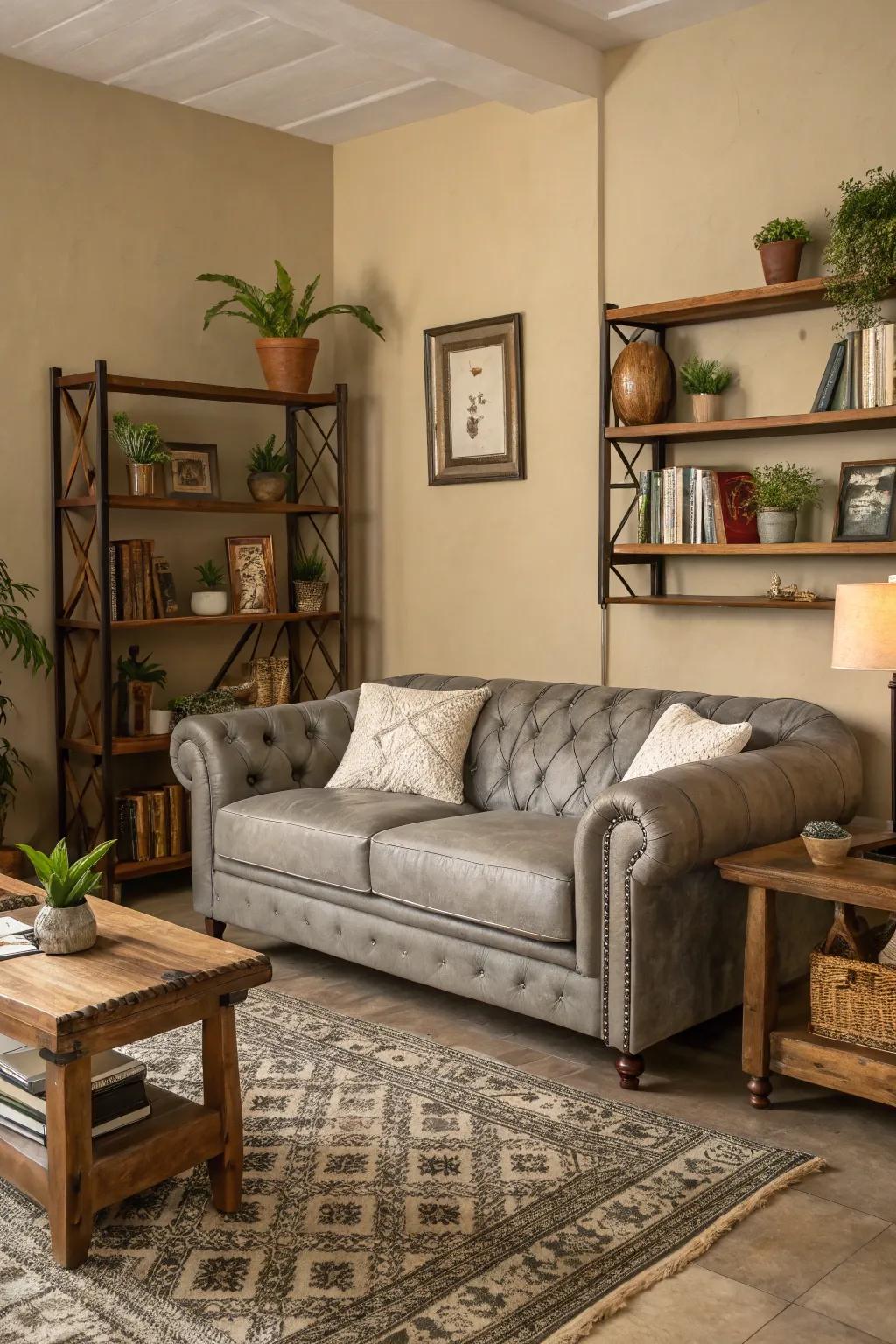 A serene lounge showcasing a grey hide settee and natural color embellishments.