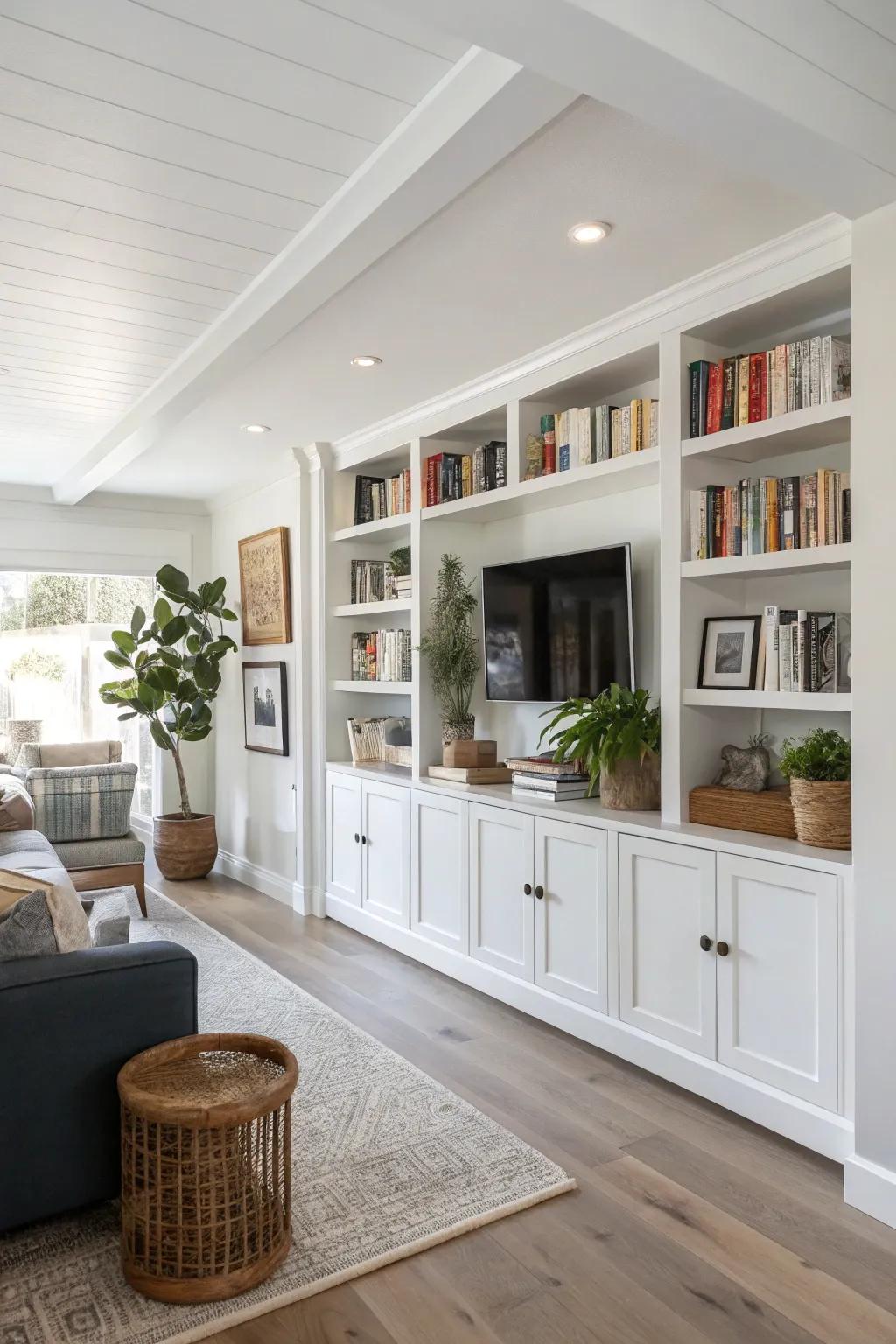 A half wall featuring integrated shelving, delivering stylish storage solutions.
