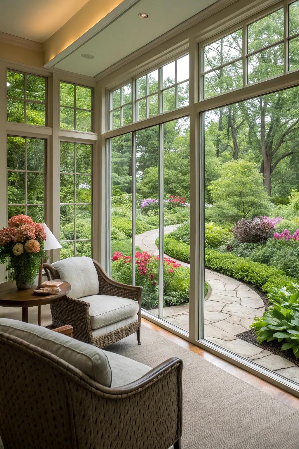 A radiant space featuring broad windows that merge indoor and outdoor environments.