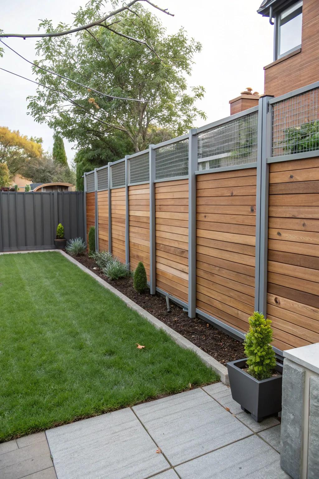 Design a striking pattern by merging lumber and metal in your fencing.