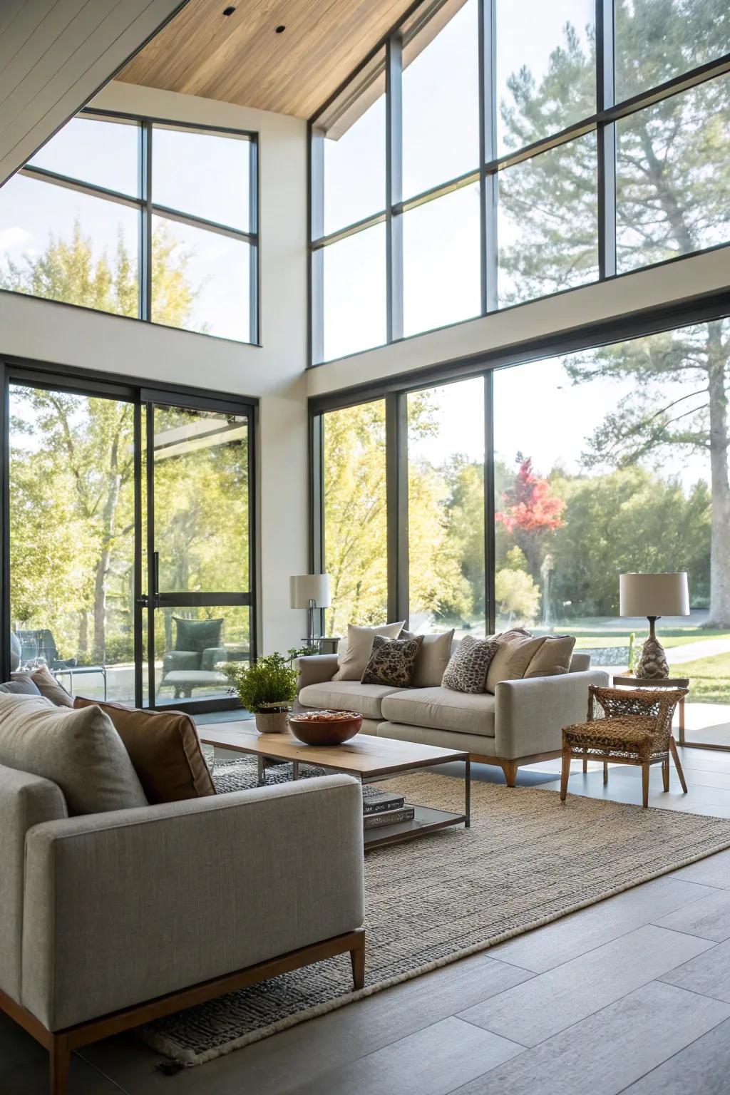Large, modern windows featured in a living room, maximizing the intake of sunlight.