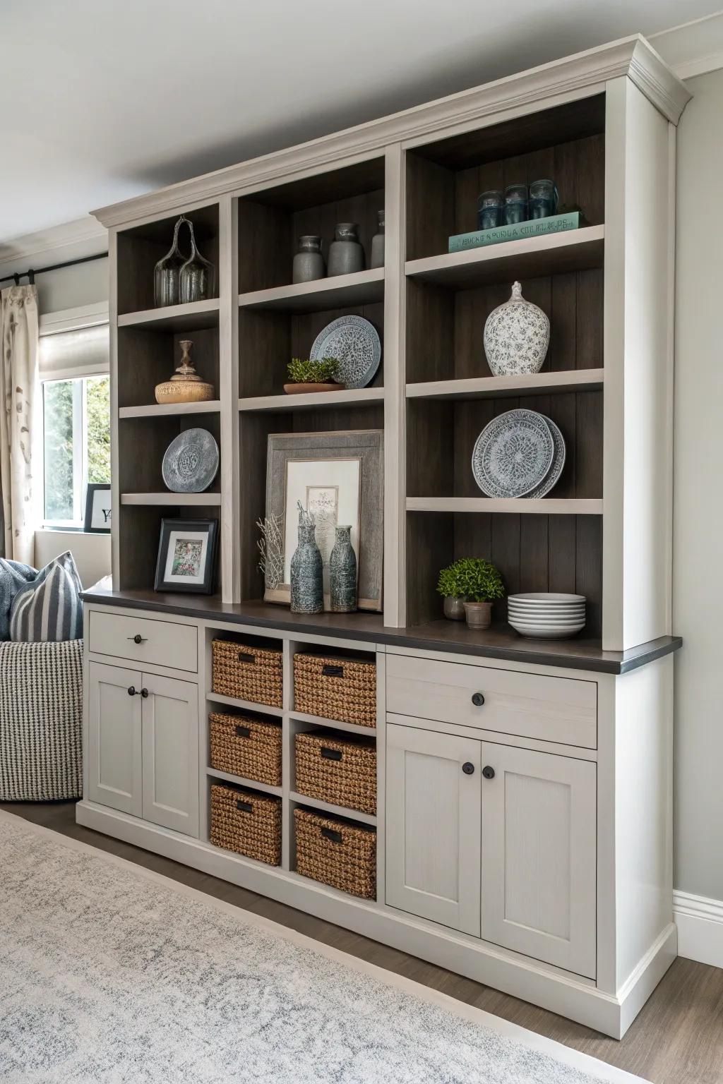 An ideal combination of visible and concealed storage solutions results in a refined, tidy appearance.
