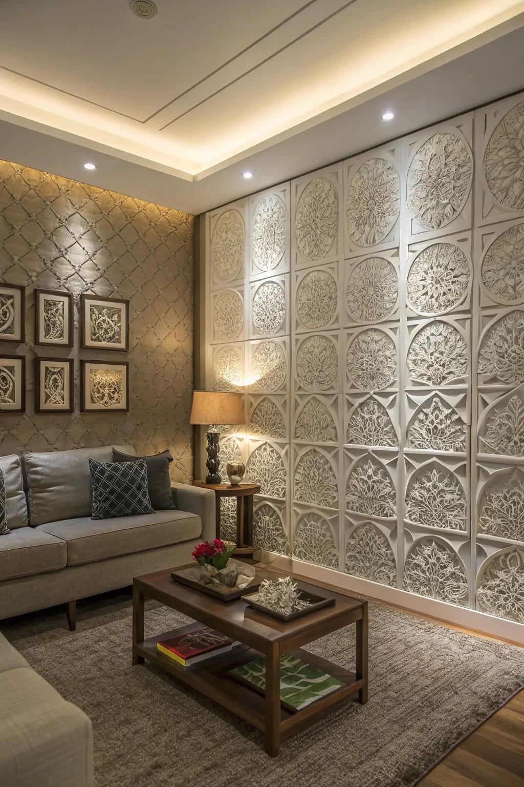 Textured panels enrich a contemporary living room with added depth and refinement.