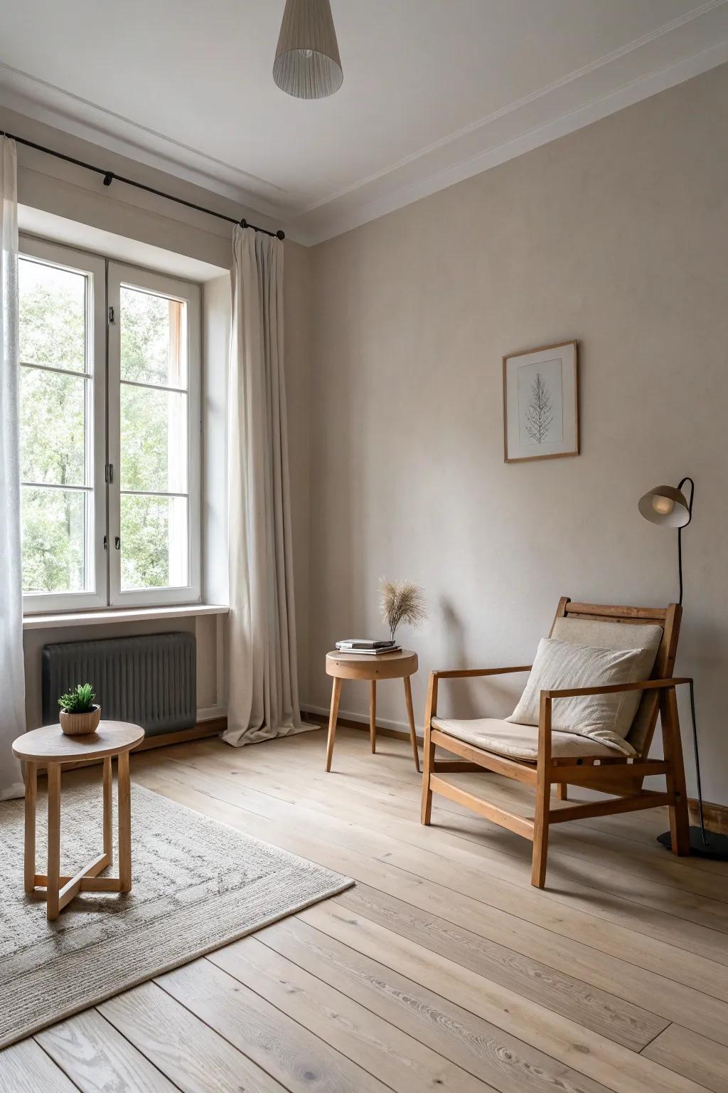 A minimalist space enhanced by the simplicity of bright timber floors.