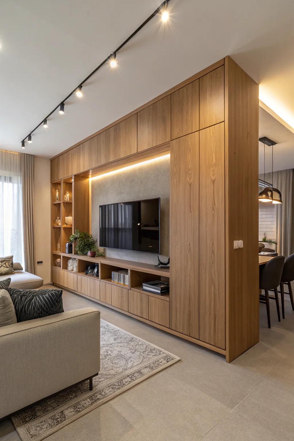 A built-in TV cabinet offers a seamless integration in a modern living room.
