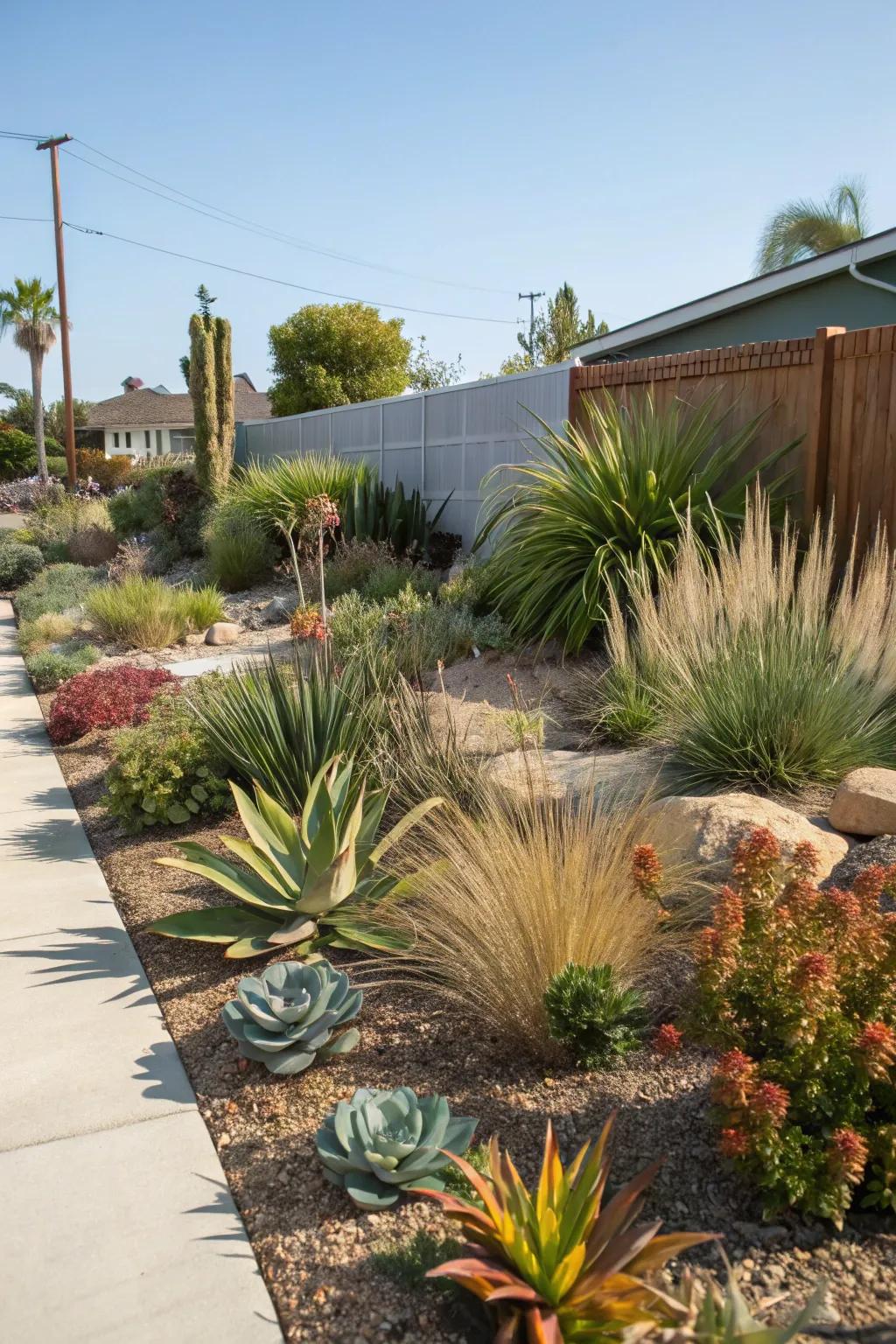 A front yard showcasing a variety of drought-resistant plants, providing texture and effortless upkeep.