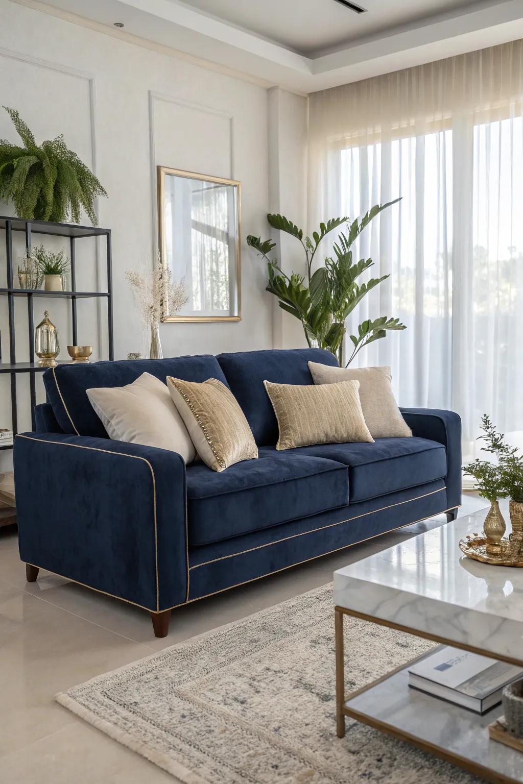 A dark blue sofa brings a lavish feel to your space.