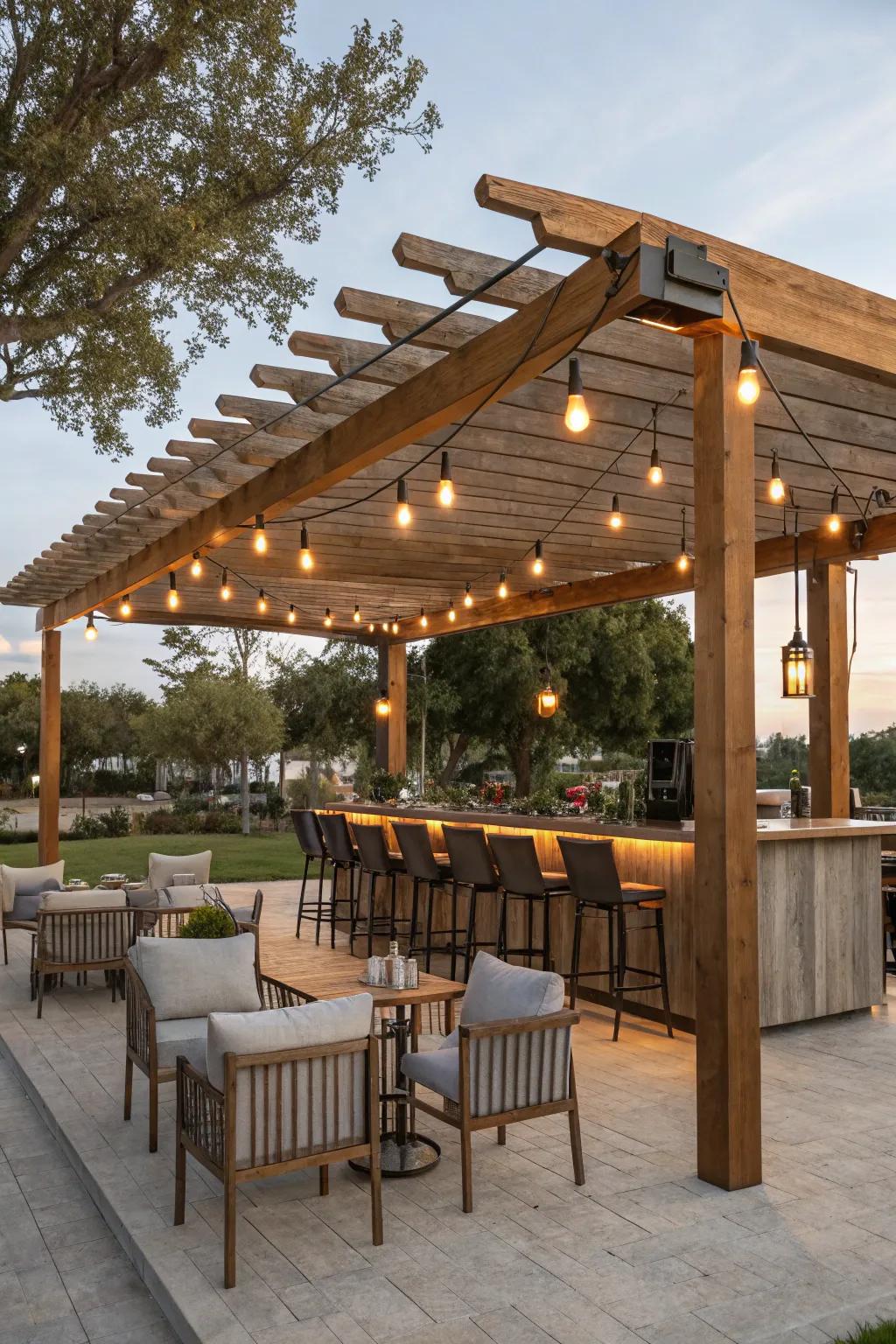 An attractive bar area under a pergola, perfectly designed for sunny days.