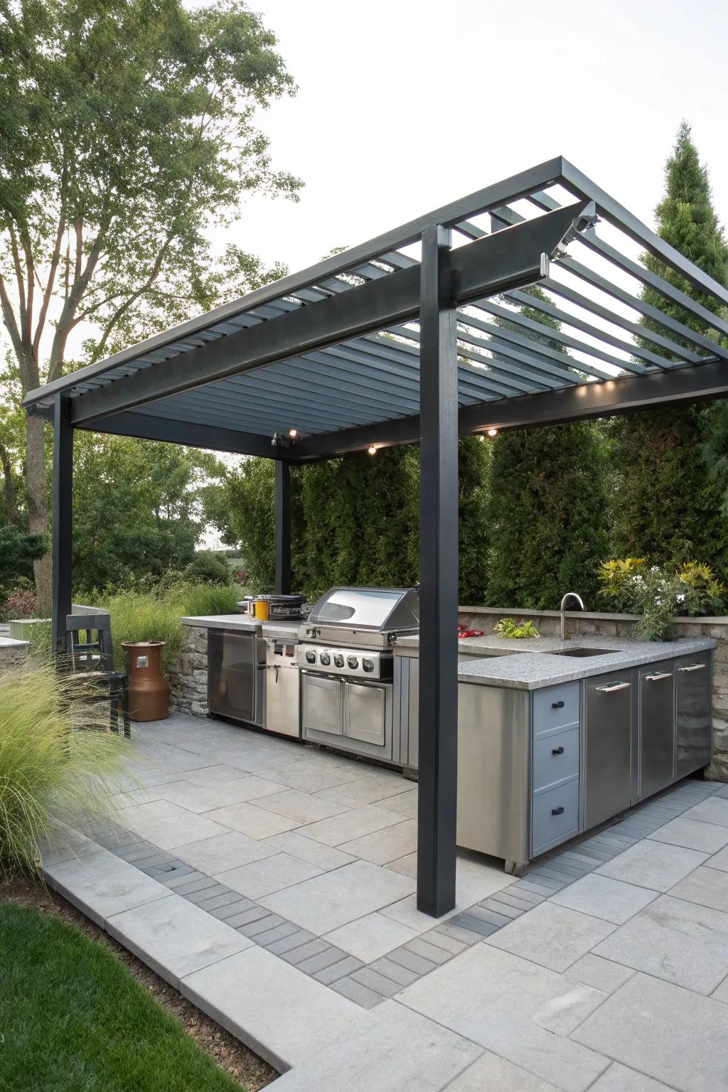 Modern metal pergola that elevates a stylish outdoor kitchen.