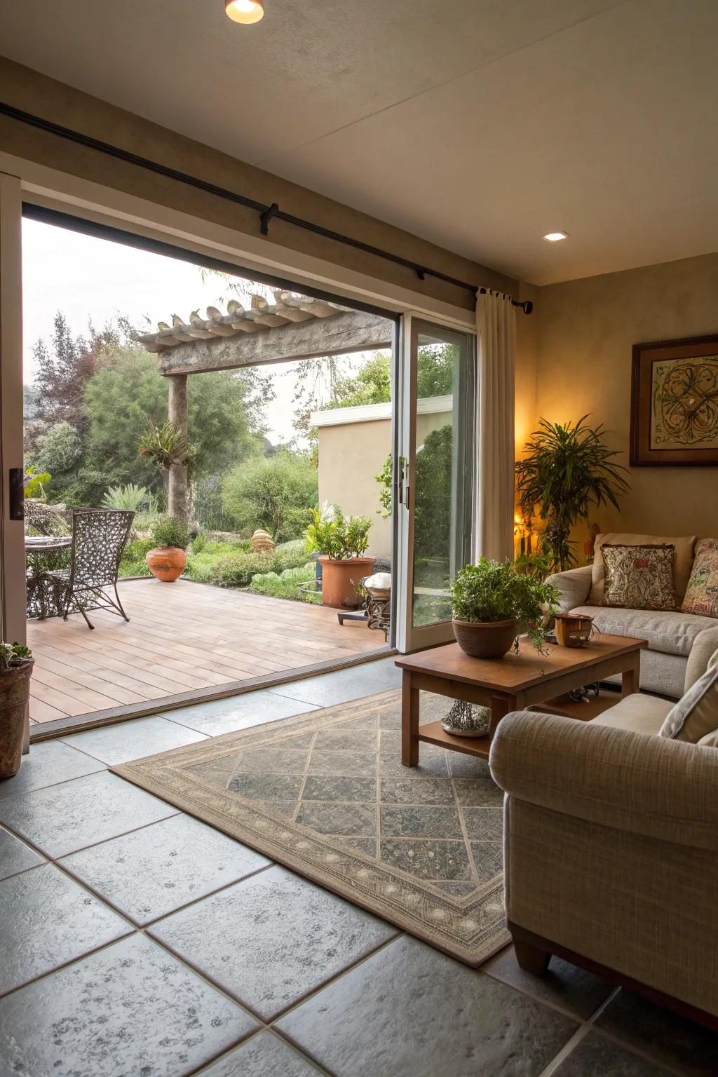 Combine indoor and outdoor zones with corresponding tile designs.