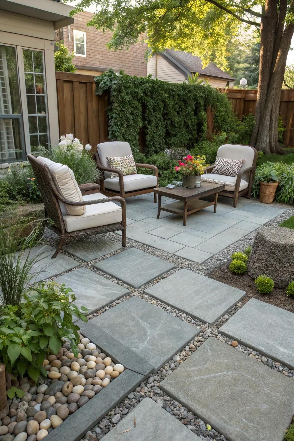 The combination of materials like gravel and flags generates visual appeal.