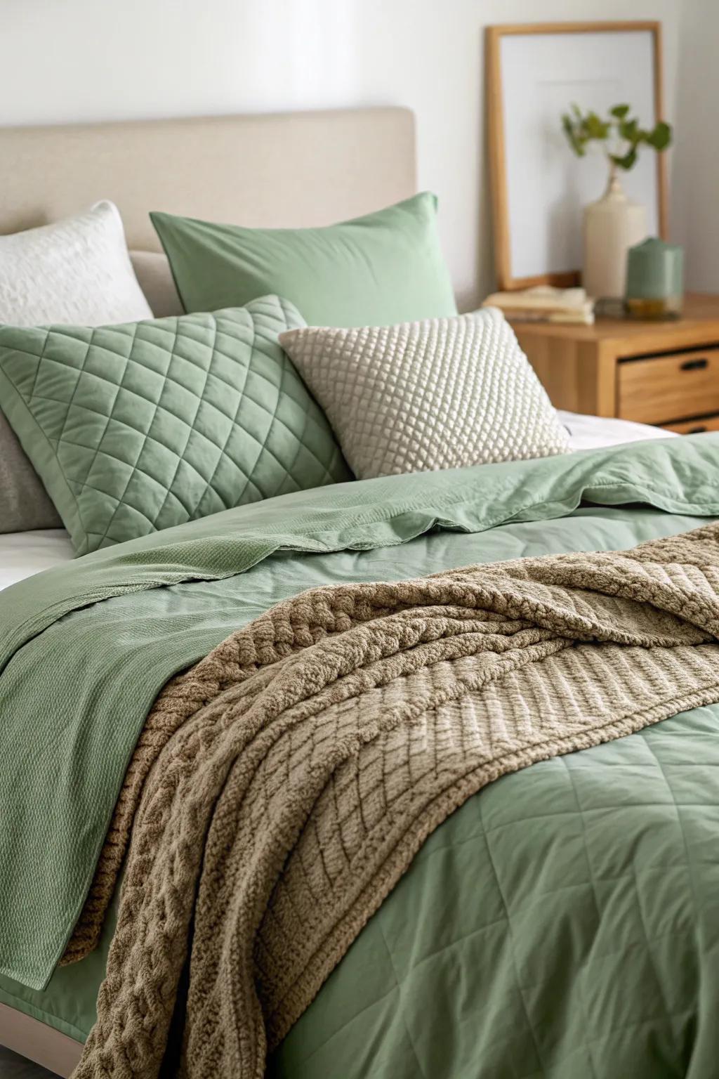 Sage green bedding offers a balanced and comfortable hideaway.