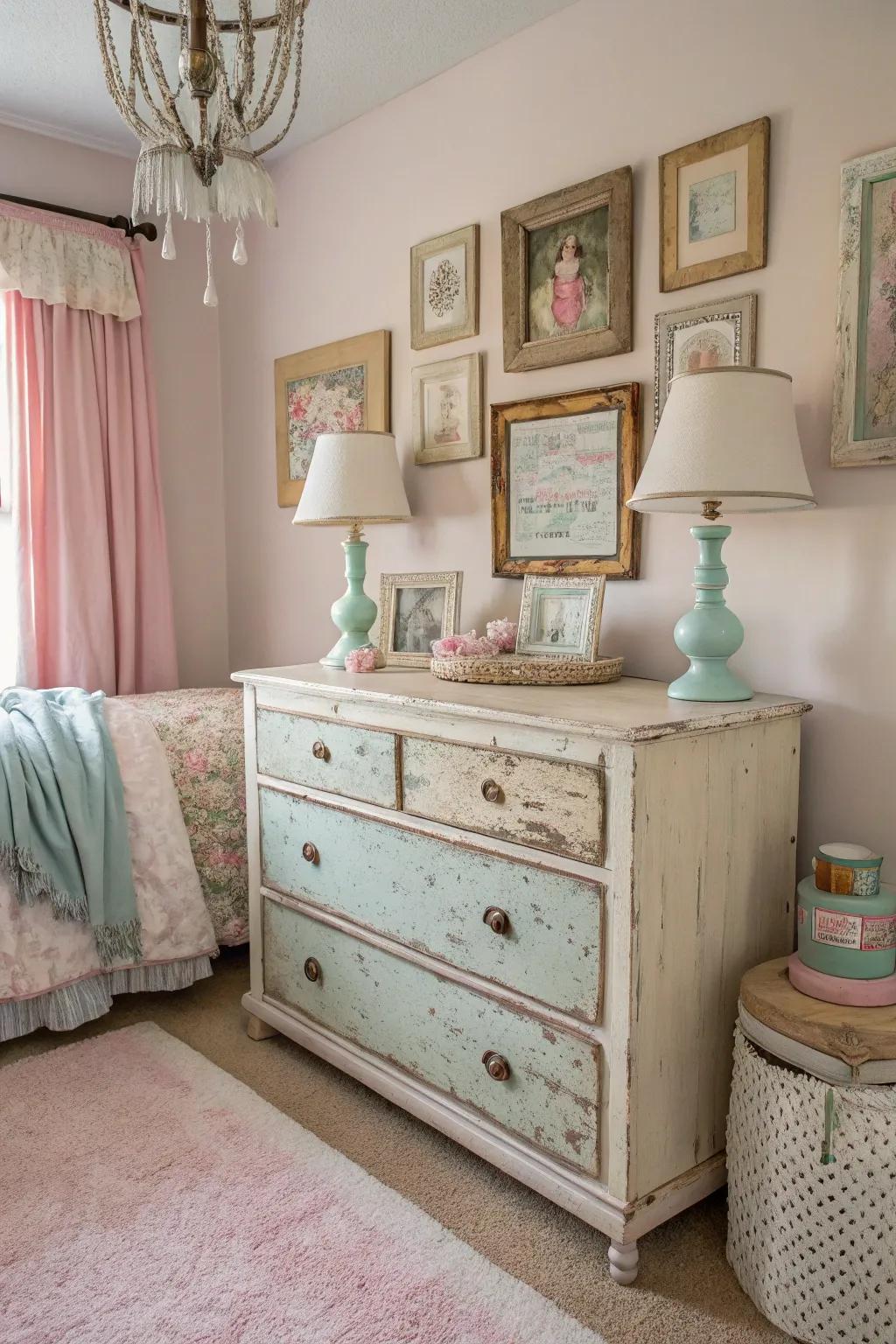 Weathered furnishings contribute vintage appeal and individuality to a modern shabby chic bedroom.