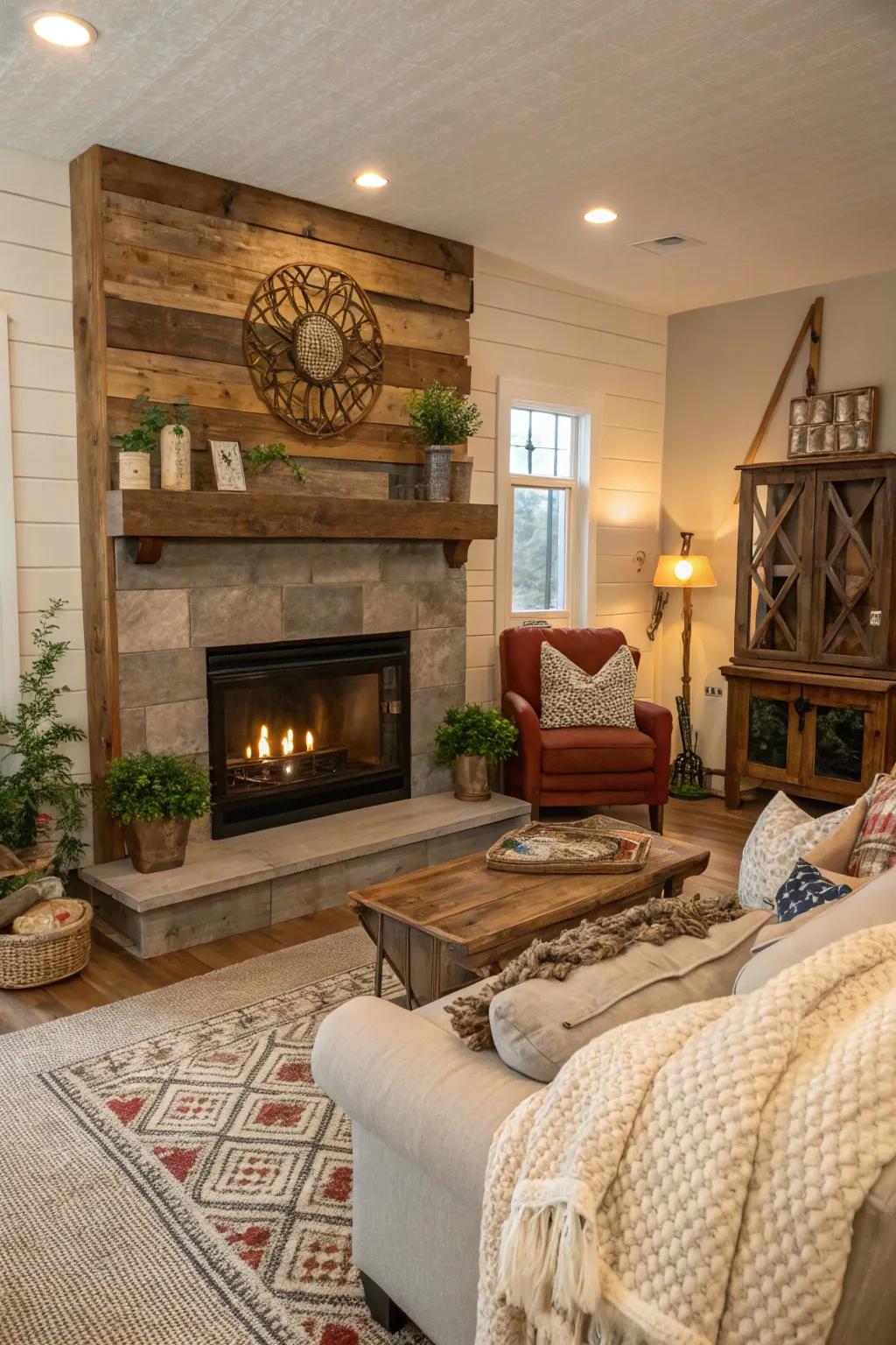 A rustic living space showcasing a salvaged wood shiplap fireplace.