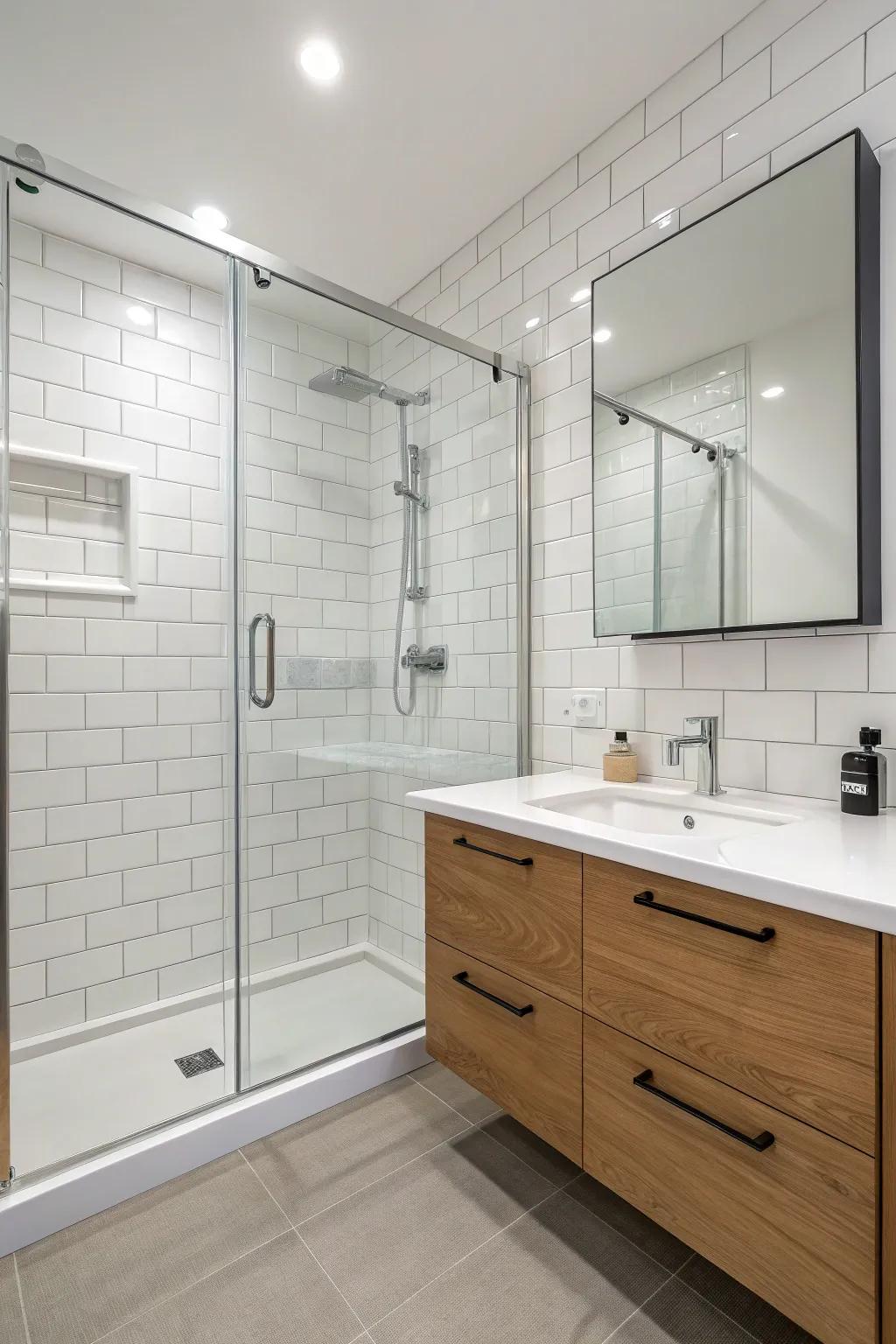 A minimalist bathroom showcasing a streamlined and straightforward shower design.