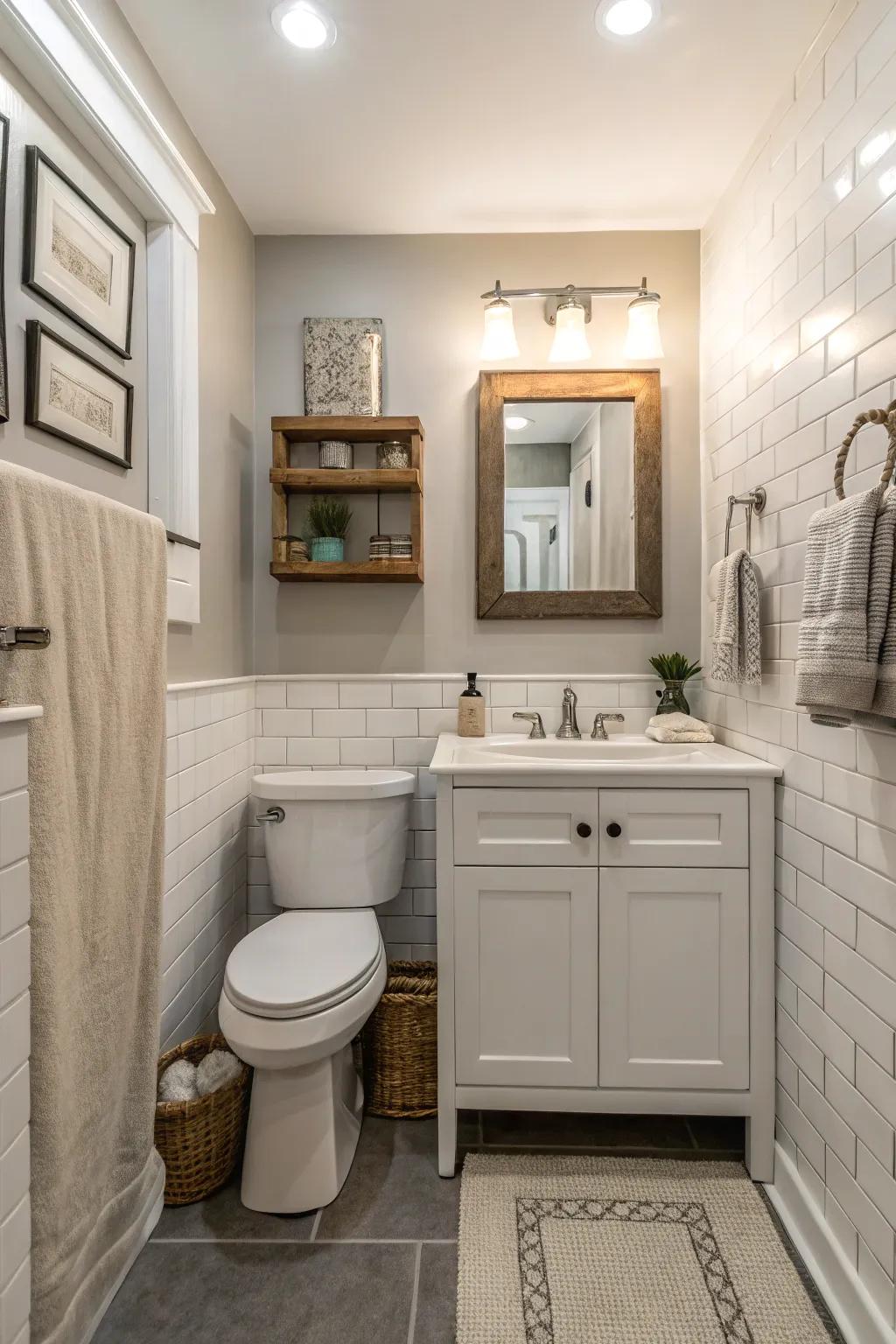 A compact bathroom designed with a relaxing, neutral color scheme.