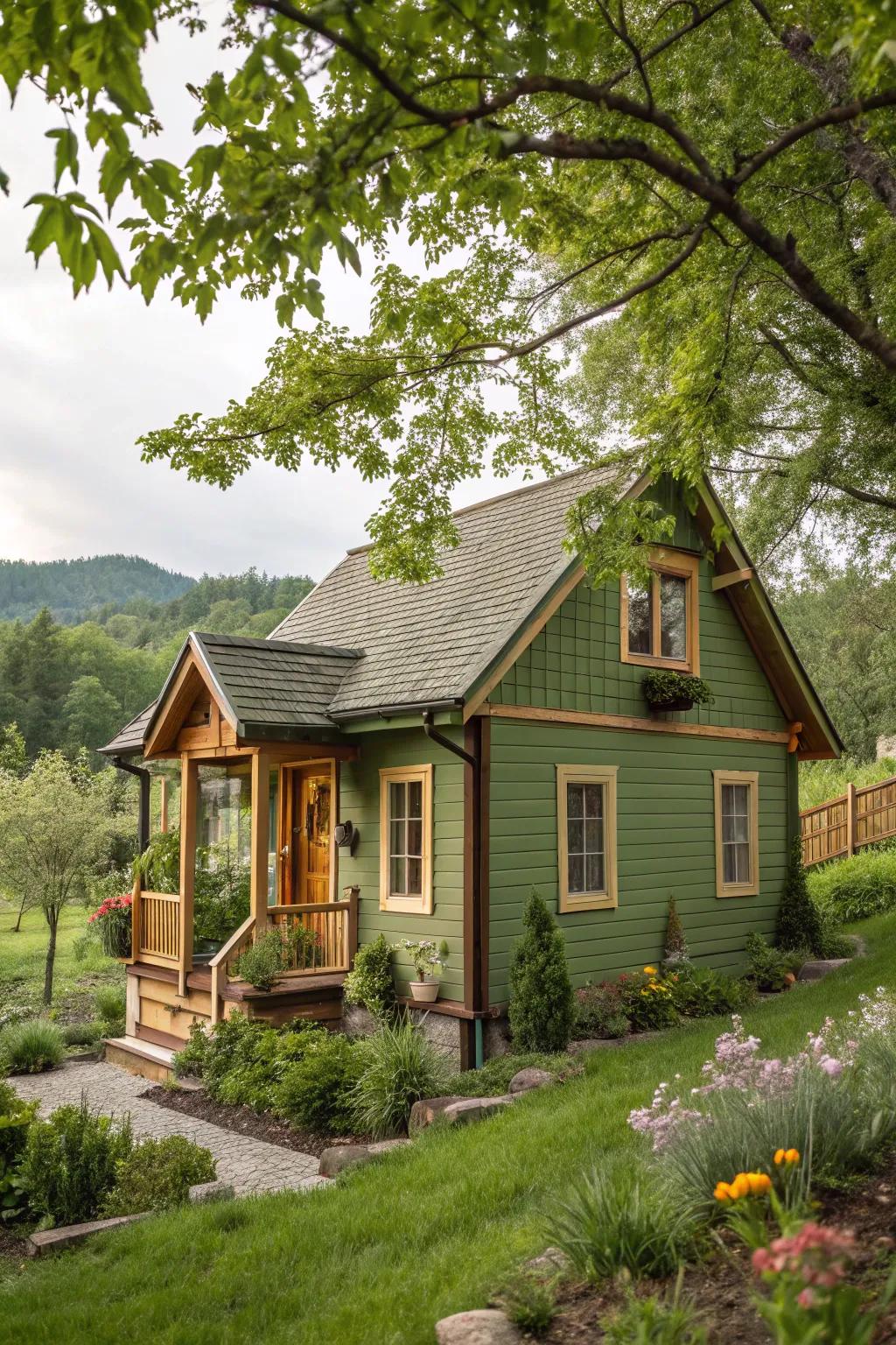 Earthy greens and timber details fashion a natural, welcoming ambiance.