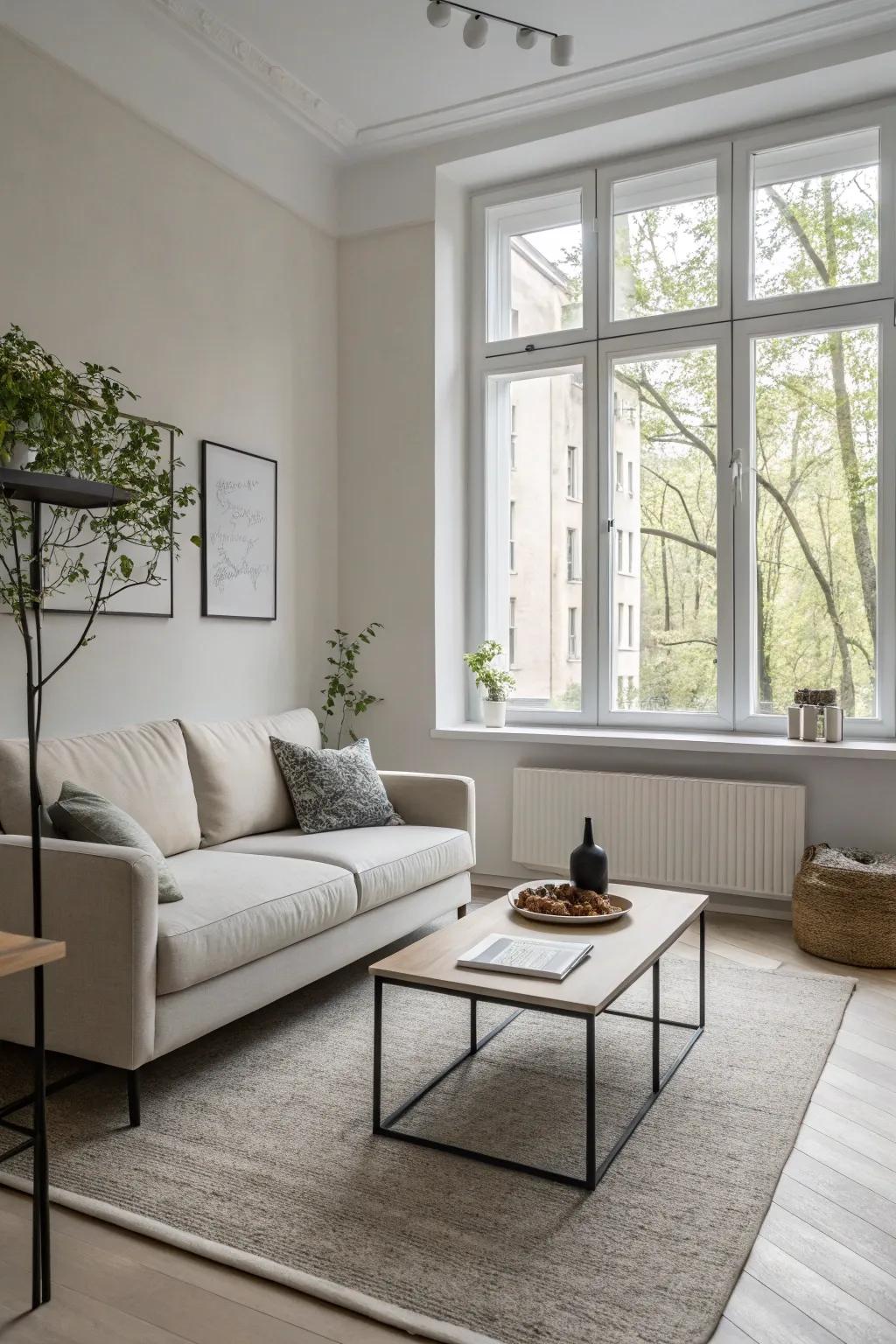 Minimalist furniture pieces in a contemporary, small living room, designed to enhance a streamlined and expansive atmosphere.