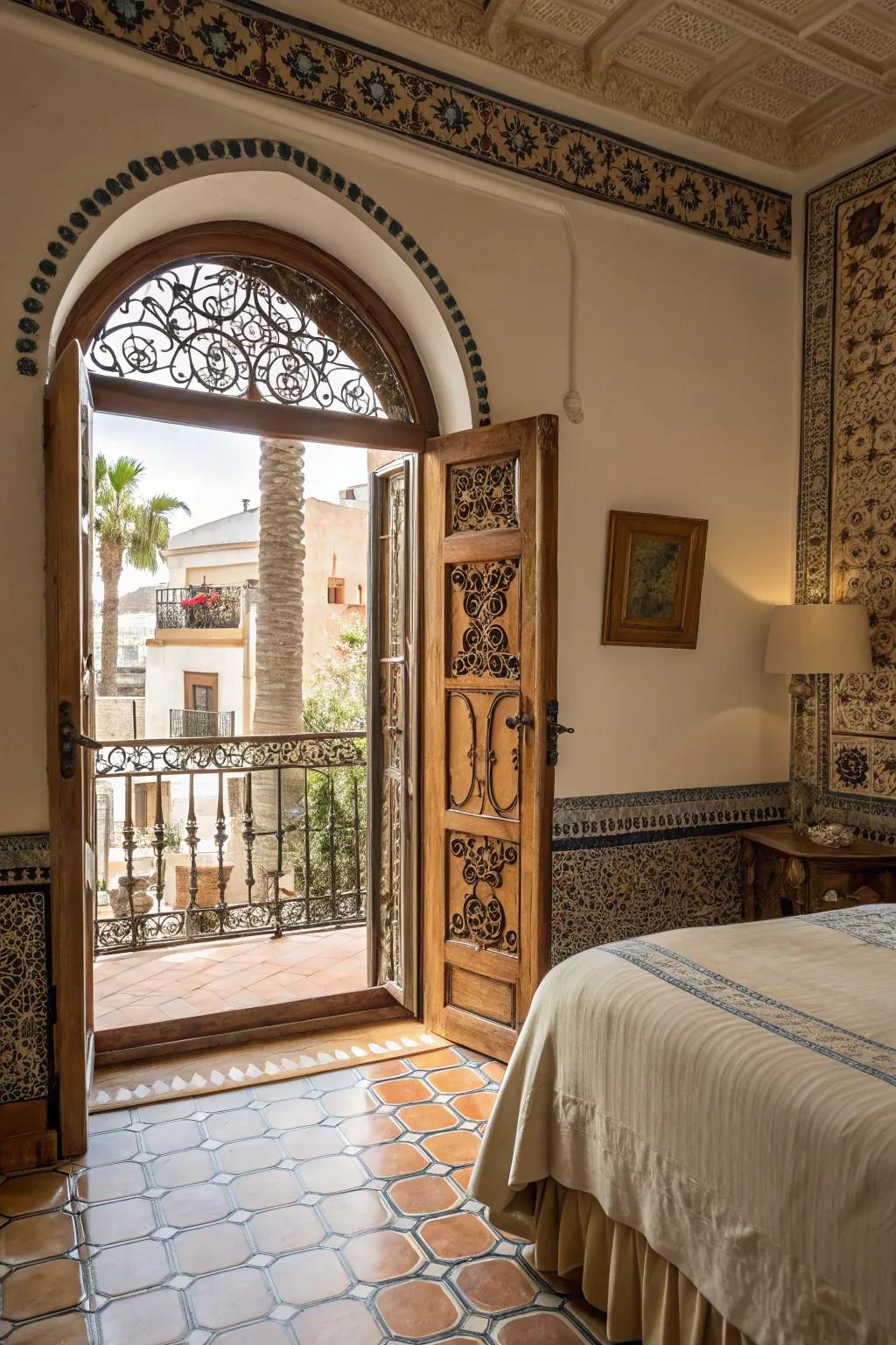 Curved entryways bring elegance and openness to a modern Spanish bedroom.