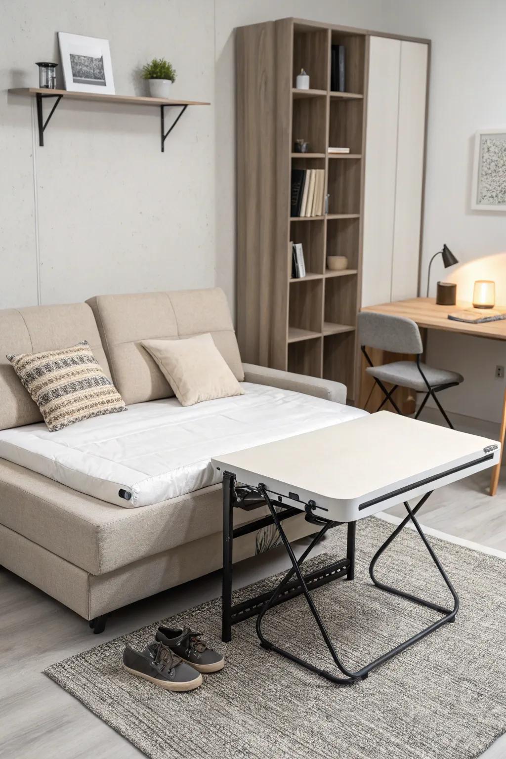 A fashionable lounger bed and extendable table are featured in this minimalist studio apartment design.