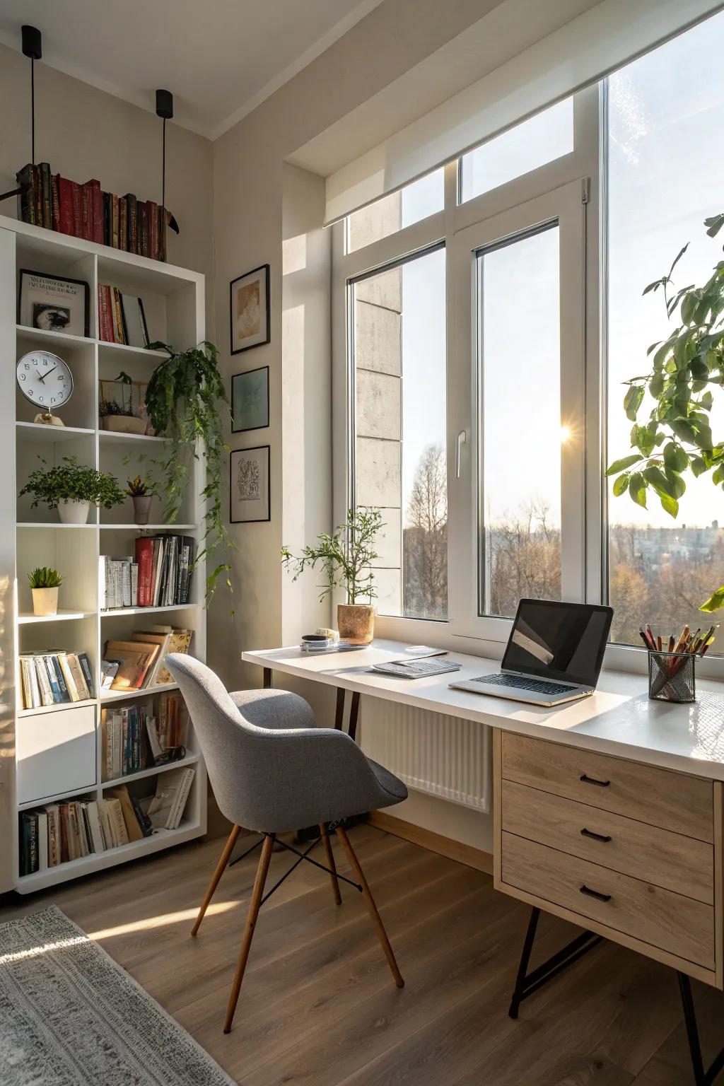 A study room filled with natural light, cultivating an energetic and lively work environment.