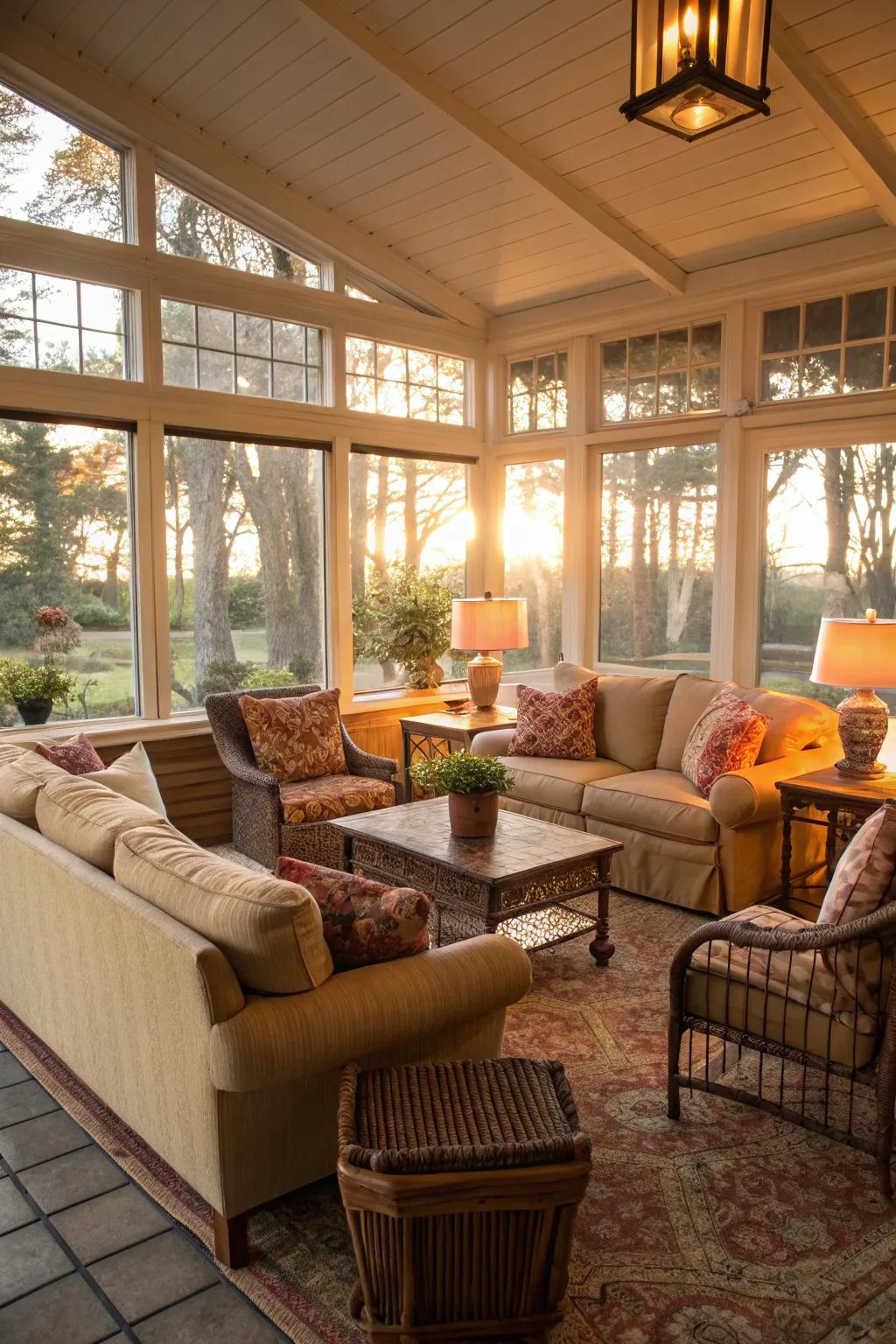 A comfortable seating arrangement in a sunroom, ideal for leisurely afternoons.