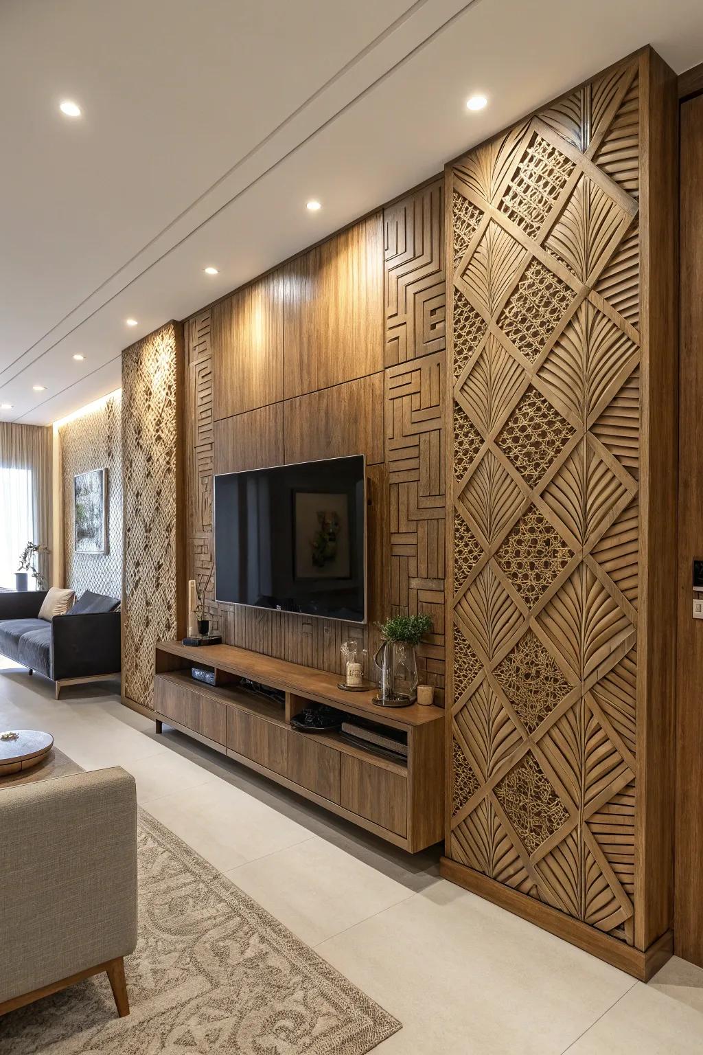 Structured decor introduces intensity and class to any TV wall.