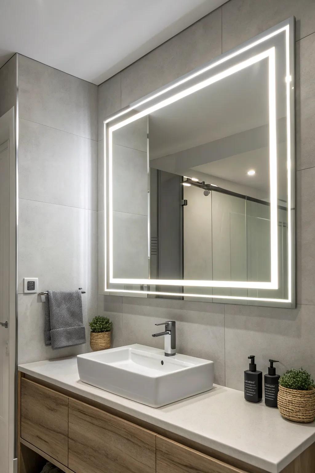 Integrated mirror lighting achieving a sleek, contemporary bathroom.