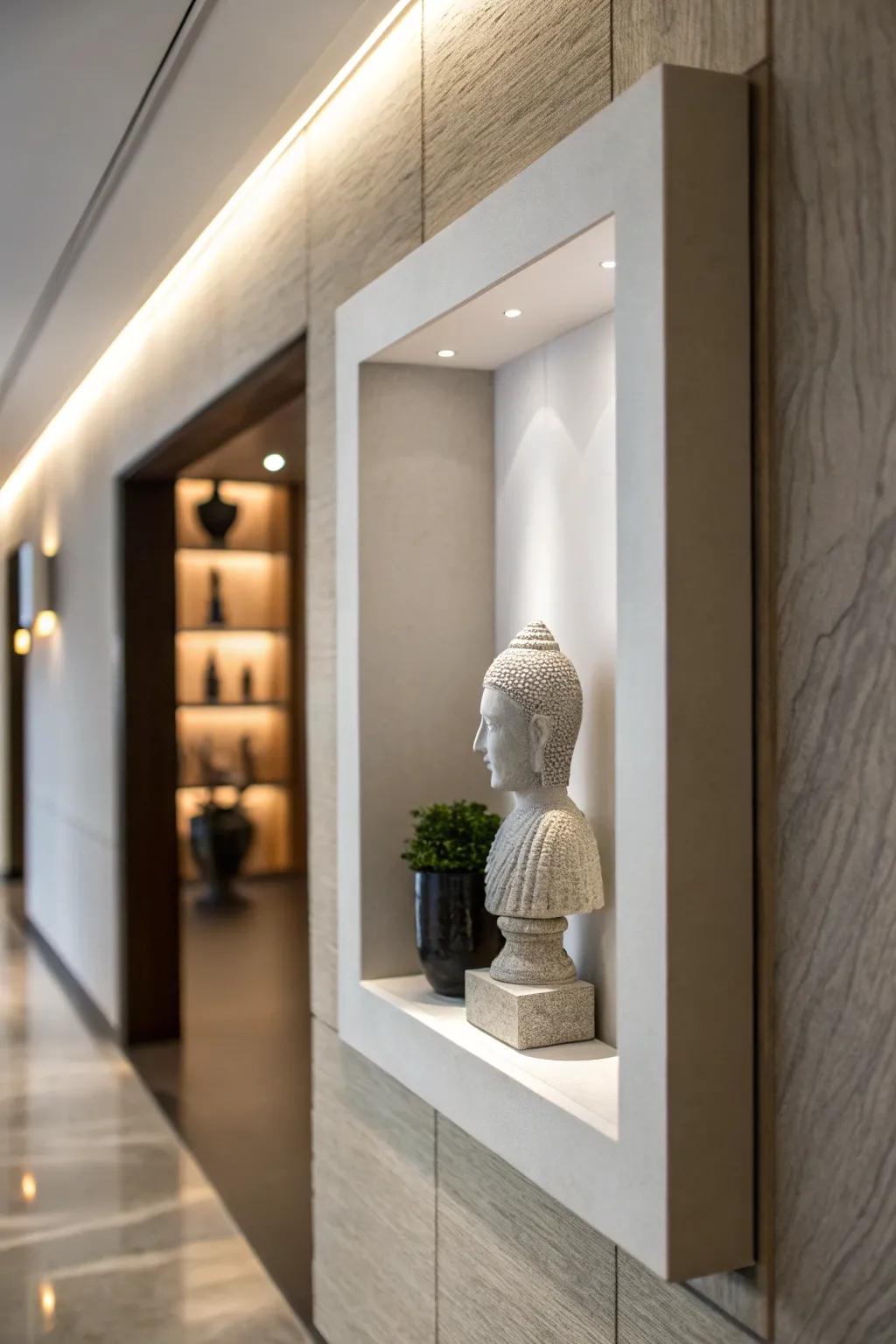 A contemporary wall niche doubles as a gallery space for a minimalist sculpture.