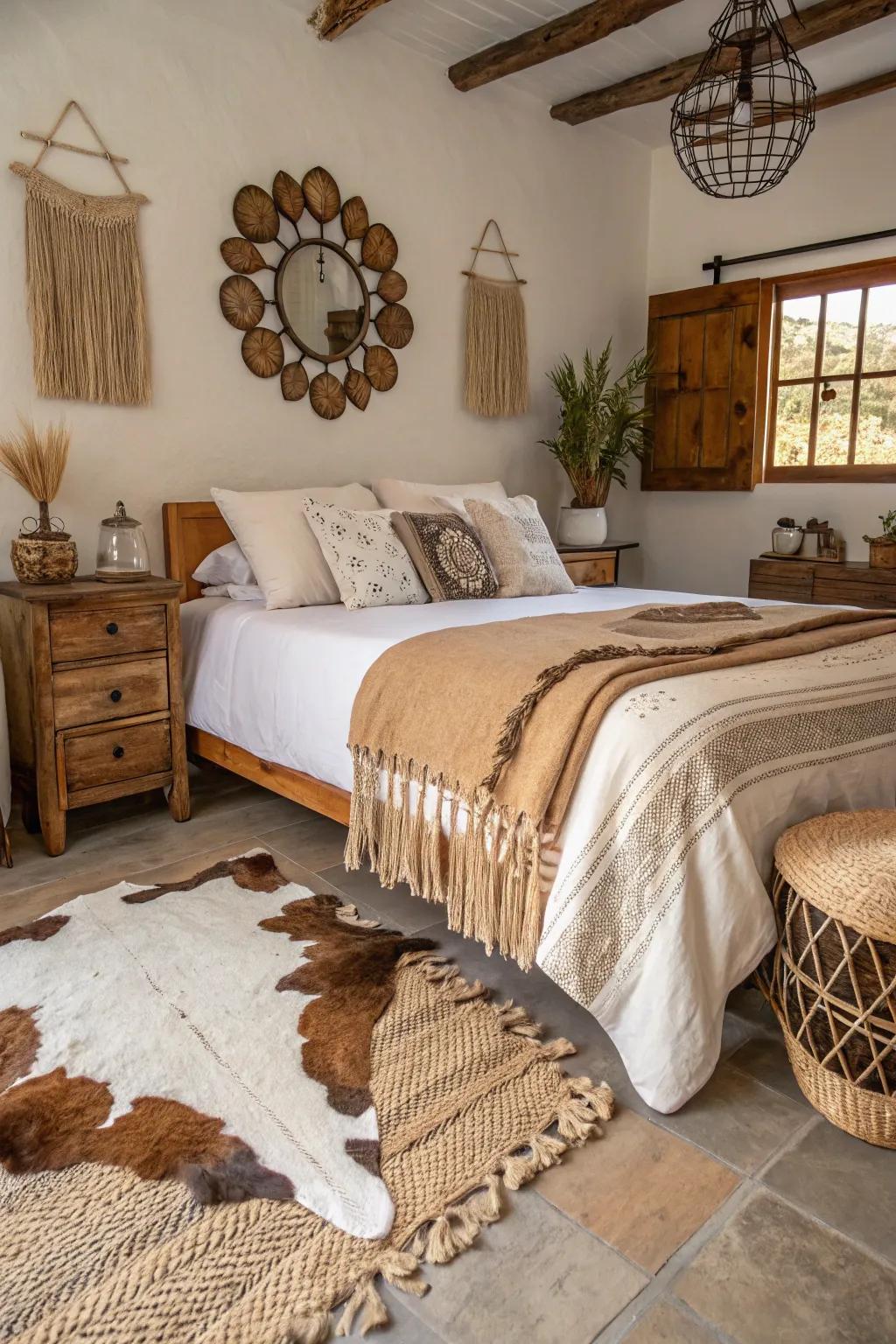 Rural decoration details similar to bovine covering rugs carry the essence of the west into your boudoir.