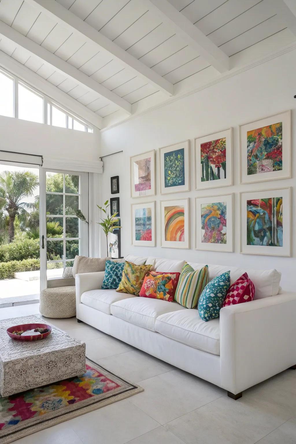 Bright artwork and colorful cushions bring personality to a white living space.