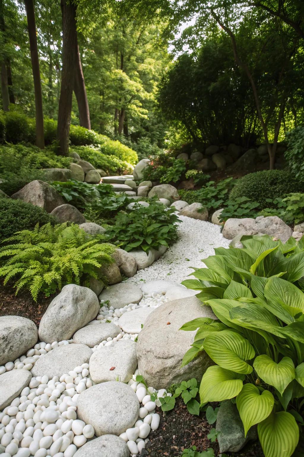 A flourishing garden displaying an enthralling contrast between white stones and lively green flora.